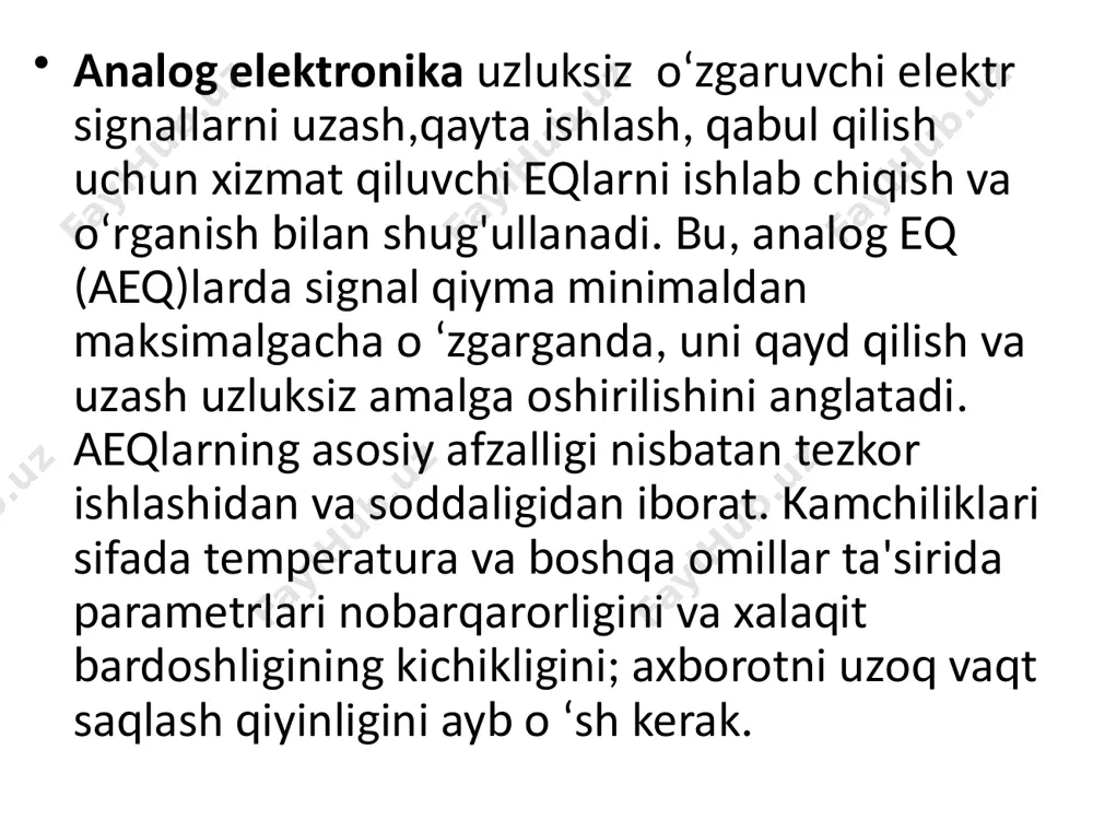 , yuqori ishonchlilik, kichik o’lchamlilik va arzonlilikni ta’minlaydi. raqamli qurilmalar asosini ikkita turg'un (ochiq va berk) holatda ishlashi mumkin bo’lgan tranzistorli elektron kalitlar tashkil etadi. sodda kalitlar asosida murakkabroq sxemalar: mantiqiy, bistabil, triggerli va boshqalar yaratiladi. raqamli va analog qurilmalar xususiyatlarini, chiqish kattaligining kirish kattaligiga bog'liqligini ifodalovchi, uzatish xarakteristikalardan o‘rganish qulay. aniqlik uchun bunday kattalik kuchlanishdan iborat deb qabul qilingan. analog va raqamli sxemalar inverslaydigan yoki inverslamaydigan bo'lishi mumkin. inverslaydigan sxemalarda kirish kuchlanishining kichik qiymatlariga katta chiqish kuchlanishlari to ‘g ‘ri keladi, inverslamaydiganlarda esa — kichik kirish kuchlanishlariga kichik chiqish kuchlanishlar to ‘g‘ri keladi. inverslaydigan sxemalarning an’anaviy uzatish xarakteristikasi 1-rasmda ko‘rsatilgan. elektron sxema elementlari parametrlarining tarqoqligi, temperaturaga bog‘liqligi yoki eskirishi hisobiga uzatish xarakteristika deformatsiyalanadi va u uch xil ko‘rinishdan biriga ega bo‘ladi (1-rasmdagi 1,2,3 — egri chiziqlar). kuchaytirgich kaskadlarda kirish va chiqish signallari ko‘rsatilgan soha chegarasida ixtiyoriy qiymatlarni qabul qilishi mumkin. kirish signalining ma’lum bir qiymatida, masalan, uklrl deformatsiya hisobiga …
