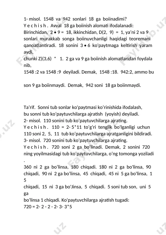 (63,42) = z)(42,21) = z)( 21,0) = 21. biz bajargan hisoblashlar ko'pincha bunday yoziladi: 525 = 231 • 2 + 63; 231 = 63 • 3 + 42; 42 = 21 - 2 + 0. 0(525,231) = 21. bu usul eng katta umumiy bo‘luvchini topishni qoldiqli bo‘lishga asoslangan b o ‘lib, birinchi m arta qadimgi grek matematigi evklid (eramizdan oldin iii asrda yashagan) yaratgan va shuning uchun u evklid algoritmi nomi bilan yuritiladi. evklid algoritmini umumiy ko‘rinishda bunday ifodalash mumkin: a va b — natural sonlar hamda a > b bo'lsin. a soni b soniga qoldiqli bo‘linadi, keyin b soni qolgan qoldiqqa qoldiqli bo‘linadi, so'ngra birinchi qoldiq ikkinchi qoldiqqa qoldiqli bo'linadi va hokazo, u holda oxiri noldan farqli qolgan qoldiq a va b sonlarning eng katta umumiy boiuvchisi boiadi. mashqlar 1. 1032, 2964, 5604, 8910 va 7008 sonlaridan qaysilari 12 ga karrali? 2. 15 ga boiinadigan uchta to ‘rt xonali …