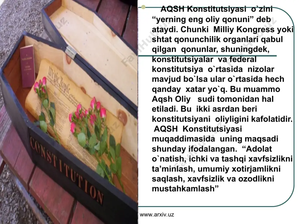 zosini tayin etgan edi. www.arxiv.uz www.arxiv.uz muhim,ommaviy sud sohasidagi mansabdor shaxslarni tayinlash(biroq federal sudlar, oliy sud sudyalari nominatsiyasi senat tomonidan ma’qullanishi kerak. impechment holatidan tashqari, ayblanayotgan shaxslarga avf berish. prezidentning sud sohasidagi vakolatlari www.arxiv.uz www.arxiv.uz aqsh prezidentligi uchun umumiy qoidalar: aqsh qonunchiligiga muvofiq aqshda tug`ilgan har bir shaxs prezident bo`lishi mumkin. nomzodlar eng kamida 35 yosh bo`lishi va 14 yil davomida aqsh hududida yashagan bo`lishi kerak. prezidentlikka nomzodlar har to`rt yilda o`tkaziladigan prezident saylovlaridan oldin bir necha oy davomida siyosiy partiyalardan tanlanadi. www.arxiv.uz www.arxiv.uz biroq prezidentlik saylovi shu bilan yakun topmaydi. fuqarolar , ayni paytda, prezidentlik nomzodi uchun ovoz beradigan saylovchilar kollejini ham saylaydilar.1-bosqichda eng ko`p ovoz olgan ikki nomzodning taqdiri ana shu saylangan saylovchilar irodasiga bog`liq bo`lib qoladi. saylovchi guruh a’zolari soni senatorlar va vakillar palatalarining a’zolar soniga teng miqdorda bo`lishi shart. www.arxiv.uz www.arxiv.uz konstitutsiyaga muvofiq prezidentlik saylovi qoidalari saylov jarayonlari fevraldan noyabrga qadar davom etadi. partiyalar tomonidan ilgari …