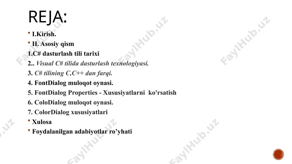 ida fontdialog, colordialog, folderbrowserdialog muloqot oynalaridan foydalanish to’g’risida o’quvchilarga ma’lumot berishdan iborat. kurs ishining tuzilishi: kirish, asosiy qism, 7 ta reja, xulosa, foyadalanilgan adabiyotlar ro’yhatidan iborat. ii. asosiy qism 1.c# dasturlash tili tarixi c# dasturi 90-yillarning oxirida ishlab chiqilib microsoft. net ning bir qismiga aylandi. al`fa versiya sifatida 2000 yildan boshlab ishlatila boshladi. c # bosh arxitektori butun dunyo dasturchilari ichida birinchilar qatorida turgan va butun dunyo tomonidan tan olingan anders hejlsberg bo`ldi. uning 1980 yillarda chiqarilgan turbo paskal dasturi orqali ham tanishimiz mumkin.c# bevosita c, c++ va java bilan bog`liq. chunki bu uchta til dasturlash olamida eng mashhur tillardir. bundan tashqari profisanal dasturchilar c va c++ ni va juda ko`pchilik java tilida ish yuritadi. 2. visual c# tilida dasturlash texnologiyasi. vs yuklash uchun start->program->microsoft visual studio->microsoft visual studio ketma ketligini bajarish kerak. vs yuklanganda odatda quyidagi ko’rinishda bo’ladi : new - yangi loyiha yaratish vs ning eng asosiy amallaridan …
