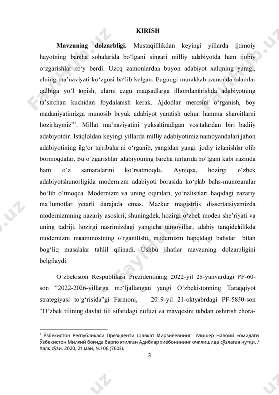 y-huquqiy hujjatlarda belgilangan vazifalarni amalga oshirishda ushbu dissertatsiya tadqiqoti muayyan darajada xizmat qiladi. tadqiqotning obyekti va predmeti: dissertatsiya mavzusini yoritishda modernizmga oid nazariy manbalar, shuningdek, abduvali qutbiddin, bahrom ro‘zimuhammadning she’rlari; nazar eshonqul, xurshid do‘stmuhammad, abduqayum yo‘ldoshev, erkin a’zam, ulug‘bek hamdam, isajon sulton kabi adiblarning hikoya va qissalari; omon muxtor, to‘xtamurod rustam romanlari va o‘zbek adabiyotshunosligida modernizmga oid adabiy tanqidchilikdagi bahslar tadqiqot ob’ekti qilib olindi. tadqiqot maqsadi va vazifalari: dissertatsiyani yozishda quyidagi vazifalarni bajarish maqsad qilib olindi: · modern adabiyotning o‘ziga xos xususiyatlarini o‘rganish; · modernizmni adabiy oqim sifatida tekshirish; · modernizmning ichki oqimlarini talqin etish; · o‘zbek adabiyotida modernizm ko‘rinishlari tahlili; · o‘zbek modern she’riyatining tadrijiy takomilini tadqiq etish; · o‘zbek nasridagi yangicha tamoyillarni o‘rganish; · adabiyotshunoslik va adabiy tanqidchilikda modernizm haqidagi bahslarni tahlil qilish. muammoning o‘rganilganlik darajasi. modern adabiyoti bo‘yicha o‘zbek adabiyotshunosligida o.sharafiddinov, u.normatov, q.yo‘ldoshev, d.quronov, z.pardaeva, n.karimov, b.karimov, g.sattorova, a.otaboyev, m.yo‘ldosheva, u.hamdamov singari adabiyotshunos va tanqidchilarning maqola, risola …