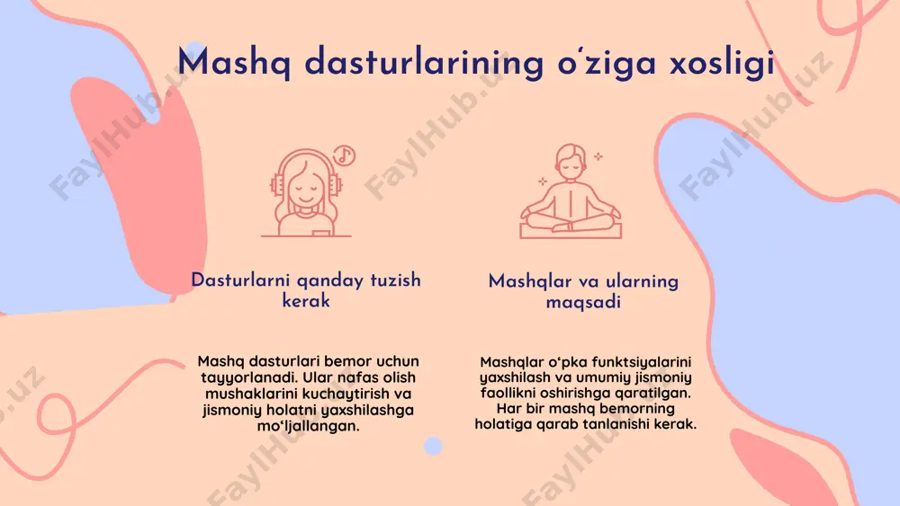 qo'lni pastga cho'zish. 2. orqa mushaklarni cho'zish: qo'llarni orqaga olib, ko'krakni ochish. 3. bel mushaklarini cho'zish: o'ng va chap tomonga egilib, belni cho'zish. 4. oyoq mushaklarini cho'zish: oyoqlarni to'g'ri qilib, oldinga egilib, oyoq mushaklarini cho'zish. mashqlarni bajarishda xavfsizlik qoidalari 1. mashqlarni asta-sekin boshlang va ortiqcha yuklamang. 2. har bir cho'zish mashqini 15-30 soniya ushlab turish tavsiya etiladi. 3. og'riq his qilsangiz, mashqni to'xtatish kerak. qo'shimcha tavsiyalar stretching mashqlarini bajarishdan oldin yaxshi isinib oling. har bir mashqni yengil va asta-sekin bajarish, jarohat olish xavfini kamaytiradi. photo by rahadiansyah on unsplash davolash jismoniy tarbiyasi mashq dasturi davolash jismoniy tarbiyasi dasturining asosiy maqsadlari o‘pka emfizemasi kasalligiga chalingan bemorlarning nafas olish qobiliyatini yaxshilash, umumiy jismoniy holatini oshirish va mushak kuchini kuchaytirishdir. dastur nafas olish, kuchaytiruvchi va stretching mashqlari orqali bemorlarning hayot sifatini yaxshilashga qaratilgan. dasturga kiritilgan mashqlar: 1. nafas olish mashqlari: nafas olish qobiliyatini oshiradi va o‘pka hajmini kengaytiradi. 2. kuchaytiruvchi mashqlar: mushak kuchini …
