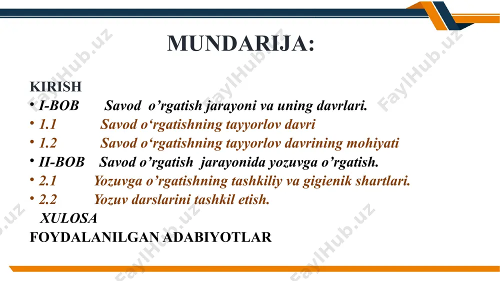 si bir din yoshlar ta’lim-tarbiyasiga beparvo bo‘lgan emas. islom tarixiga nazar solsak ham, dinimiz yoshlarga qanchalik g‘amxo‘rlik qilganini ko‘ramiz. musulmonlar bu vazifani, ya’ni yoshlar tarbiyasini o‘zlarining asosiy ishlari deb belgilashgan. yurtboshimiz shavkat mirziyoyev tashabbusi bilan hozirda ta’lim sohasi ustuvor vazifa etib belgilangan. prezidentimiz 2016-yilda o‘zining tantanali nutqida ta’lim mamlakat taraqqiyotining poydevori sifatida muhimligini ta’kidladilar. i-bob. savod o’rgatish jarayoni va uning davrlari. a) alifbogacha tayyorgarlik davri (1 hafta) b) alifbe davri (31 dekabrgacha davom etadi). alifbo davri alifbo davrini o’rganiladigan tovush-harflarning va o’quv materialining murakkablik darajasiga ko’ra 3 bosqichga ajratish mumkin: 1 1. 1) unli tovush-harflar, ovozdor, sirg’aluvchi undoshlar, o-na, a-na, il, in, bi-lan tuzilishidagi so’zlar o’rganiladigan bosqich; 2. 3. 3) o’rganilganlar takrorlanib, harf birikmalari ng, sh, ch, 2 tovushni ifodalaydigan j, tutuq belgisi (‘) va jo’ja, jurnal, jirafa, tong, so’ng, bodiring, choynik, kabi so’zlarni o’qishga o’rgatiladigan bosqich. savod o‘rgatishning tayyorlov davri savod o‘rgatishning tayyorlov davri — bu o‘quvchilarga o‘qish va …