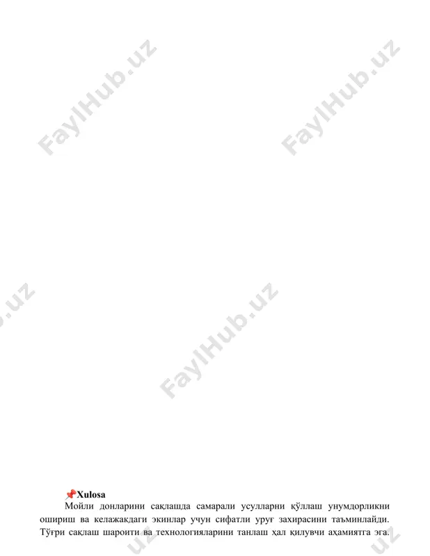 n qishloq xo'jaligi fanlari akademiyasining axborotnomasi. 2. rahimov, b.r. (2020). moyli donli ekinlar urug'larini uzoq muddat saqlash usullari. qishloq xo'jaligi va oziq-ovqat sanoati. 3. ismoilov, sh.i