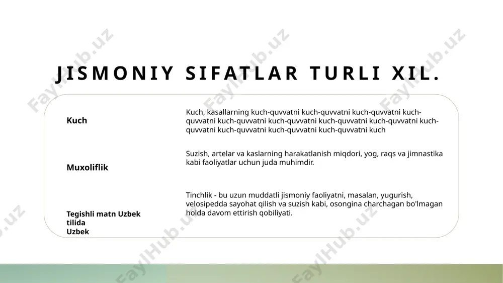 vqatlash yengil odamning jismoniy va ma'naviy salomatligini saqlash uchun, yaxshi dam olish zarur. dam olish, kasalliklarni davolash va jismoniy rivojlanish uchun muhimdir. aktiv tiklanish usullari, masalan, yengil mashq va o'zgartirish, kasallikni kamaytirish va elastiklikni oshirishga yordam berishi mumkin. mashqdan so'ng protein va karbohydratlar kombinatsiyasini iste'mol qilish, glikogen do'konlarini to'ldirishga yordam berishi va kasallarning tiklanishini va o'sishi ko'rsatishga yordam berishi mumkin. mashq dasturi 1 2 3 shaxsiy dasturlash turli xillik va rivojlanish monitoring va baholash jismoniy mashqlar dasturi shaxsiy talablarga mos kelishi kerak, masalan, fitnes darajasini, maqsadlarni va mavjud sog'liqni holatlarini hisobga olgan holda. biror hamjihatli mashq dasturi kardiovaskulyar, kuch, va elastiklikni o'z ichiga olgan bo'lishi kerak, va vaqtni o'tganda intensivlik va qiyinchilikni gradatsion ravishda oshirishga e'tibor qaratishi kerak. regular progressni baholash va mashqlar dasturini o'zgartirish jismoniy rivojlantirishni davom ettirish va plato yoki ortiqcha mashqlashni oldini olish uchun zarurdir. progressni monitoring qilish amalga oshiriladigan maqsadlarni belgilash regular baholash strategiyalarni sozlash kuzatishni …