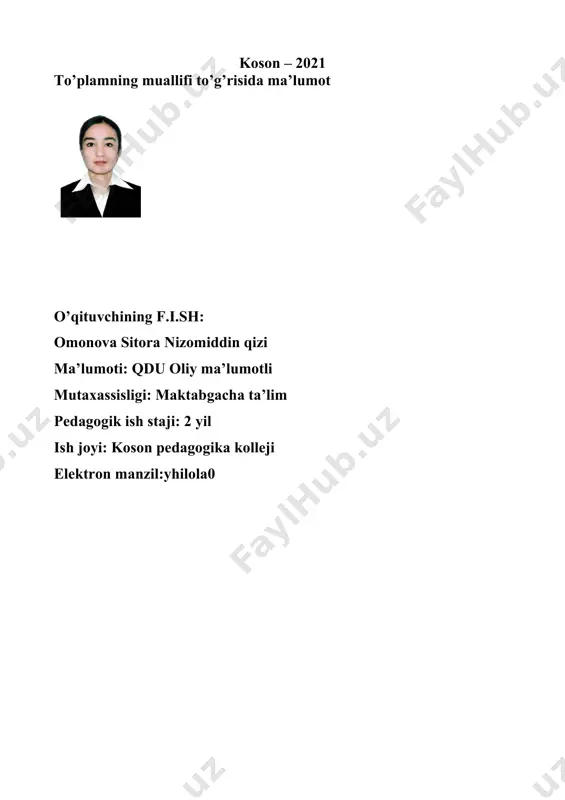 namozova mundarija i. ta’lim texnologiyasiga kirish ii. “mttda ta’lim-tarbiyaviy jarayonni va rivojlanish markazlaridagi faoliyatlarni tashkil etish” o’quv amaliyotidan namunaviy dastur asosida tuzilgan ishchi dastur soatlarining taqsimlanishi. iii. “mttda ta’lim-tarbiyaviy jarayonni va rivojlanish markazlaridagi faoliyatlarni tashkil etish” o’quv amaliyoti (moduli) ning mashg`ulot turlari bo`yicha mavzular va rejasi va mazmuni. iv fanning o`zlashtirish darajasini nazorati va baho​lash v. “mttda ta’lim-tarbiyaviy jarayonni va rivojlanish markazlaridagi faoliyatlarni tashkil etish” o’quv amaliyotining o’qitish texnologiyasi vi. “mttda ta’lim-tarbiyaviy jarayonni va rivojlanish markazlaridagi faoliyatlarni tashkil etish” o’quv amaliyotinig mavzular to’plami vii. foydalanilgan adabiyotlar ro’yxati № mavzu nomi jami o’qitishning tashkiliy shakli mustaqil ta’lim o’quvchilarning bilim va ko’nikmalarini baholash sana i-bo’lim. qurilish, konstruktsiyalash va matеmatika markazini tashkil etish 1 . turli yosh guruhlarda qurilish, konstruktsiyalash va matеmatika markazini tashkil etish amaliy 2 2. katta va tayyorlov guruhlarda qurilish, konstruktsiyalash va matеmatika markazini tashkil etish amaliy ii-bo’lim. syujеtli-rolli o’yinlar va dramalashtirish markazi 3 kichik va o’rta guruhlarda syujеtli-rolli o’yinlar …