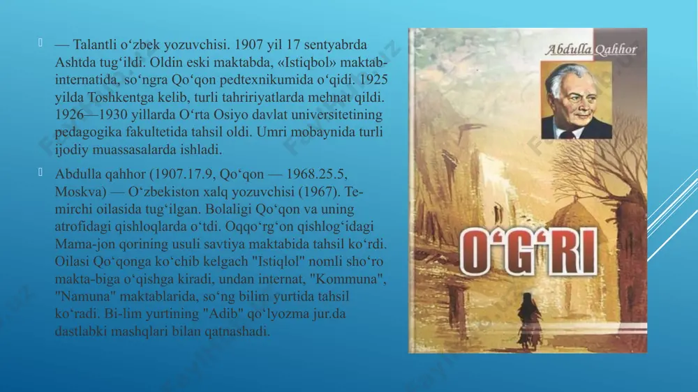 davomida 40 dan ziyod asar eʼlon qilgan. bu kitoblar orasida 30 ga yaqin hikoyalar ham boʻlib, ular oʻzbek adabiyotida hikoya janrining badiiy ufqlarini kengaytirgani bilan ahamiyatlidir. abdulla qahhorning nasriy asarlari orasida „qoʻshchinor chiroqlari“ romani hamda „sinchalak“ (1958), „oʻtmishdan ertaklar“ (1965) va „muhabbat“ (1968) qissalari muhim oʻrin tutadi. undan tashqari „boshsiz odam“, „anor“, „bemor“, „oʻgʻri“, „dahshat“, „millatchilar“, „sanʼatkor“, „adabiyot muallimi“, „oʻjar“, „asror bobo“ kabi oʻnlab hikoyalar yozgan. „shohi soʻzana“ (1949), „ogʻriq tishlar“ (1954), „tobutdan tovush“ (1962), „ayajonlarim“ (1966) nomli komediyalar muallifi. feletonlar, adabiy-tanqidiy maqolalar ham yozgan. “sarob” romani abdulla qahhorning 30-yillardagi ijodida uning birinchi romani – „sarob“ muhim oʻrinni egallaydi. yozuvchining ushbu romani bosh qahramon saidiyning faoliyatini koʻrsatishga qaratilgan, yana unda 20-yillarning 2-yarmidagi oʻzbek xalqi hayotining maishiy, etnografik, iqtisodiy va maʼnaviy manzaralari yaqqol aks etib turadi. “sarob” keng mavzuli roman boʻlgani uchun yozuvchi oʻzining badiiy niyatini yalangʻoch holda koʻrsatmay, uni shu davr hayotining boshqa manzaralari koʻrinishida reallashtirishga uringan. voqealar tasvirida yozuvchi …