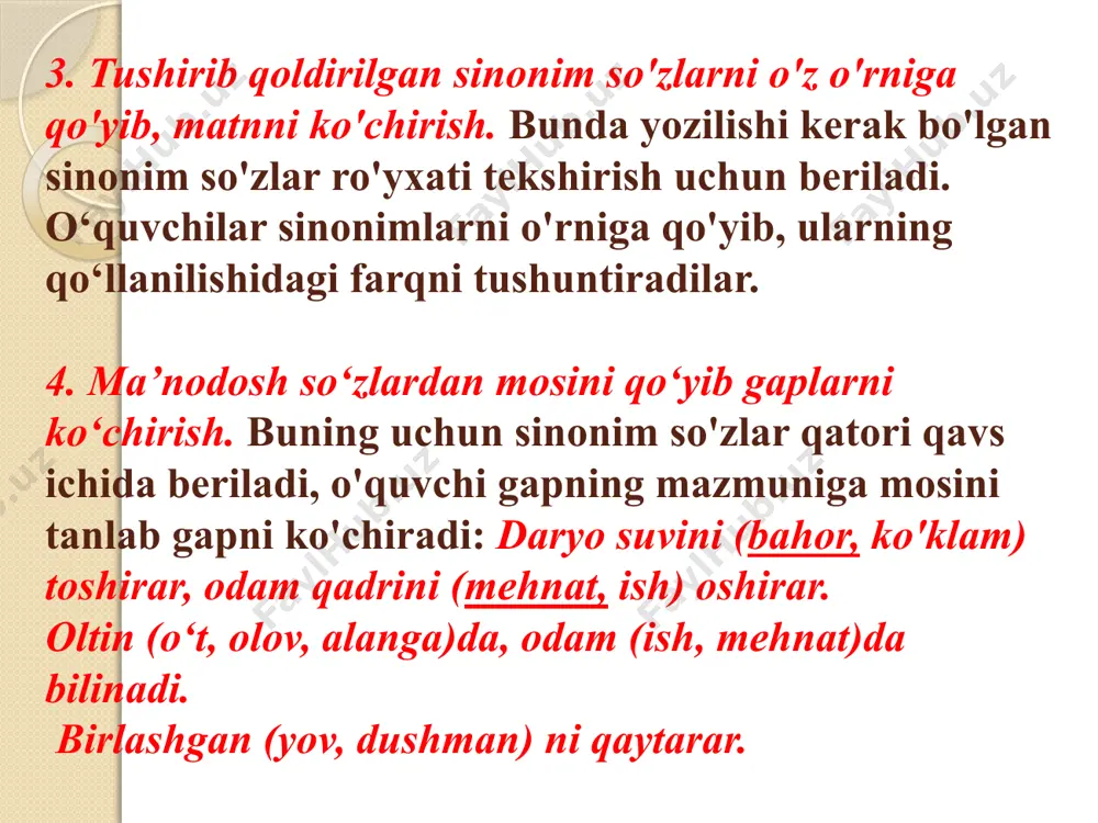 sh, uni o'qishga muhim o'rin beriladi. namuna asosidagi mashqlarga quyidagilar kiradi: 1. gap ustida ishlashning eng oddiy, boshlang'ich, shu bilan birga, eng zaruriy shakli — namunani o'qish (yozish), intonatsiyasi, ifodaliligi ustida ishlash, gapning asosini va mazmunini tushuntirish, ba’zan esa gapni yodda saqlash, yodlash hisoblanadi. gapni o'qish va kuzatish nutq o'stirishga katta yordam beradi. 2. savol asosida gap tuzish. bunda berilgan savol javob (gap tuzish) uchun asos bo'ladi va „namuna“ vazifasini bajaradi. savolda uning asosiy mazinunigina emas, balki barcha so'zlari va sintaktik qurilishining chizmasi ham beriladi. masalan: bolalar bog'da nima terdilar? (bolalar bog'da olma terdilar). savollar asta-sekin murakkablashtirib boriladi. konstruktiv mashqlarga gap tuzish va uni qayta tuzishga qaratilgan mashqlar kiradi. bunday mashqlar grammatik tushuncha va qoidaga asoslanadi. konstruktiv mashqlarning turlari quyidagilar: 1. aralash berilgan so‘zlardan gap tuzish yoki tartibsiz berilgan gaplardan matn tuzish. bunda so'zlar grammatik materialning o'rganilishiga qarab turli variantlarda berilishi mumkin: a) so'zlar tayyor ishlatiladigan shaklda beriladi: meva, bog'da, …