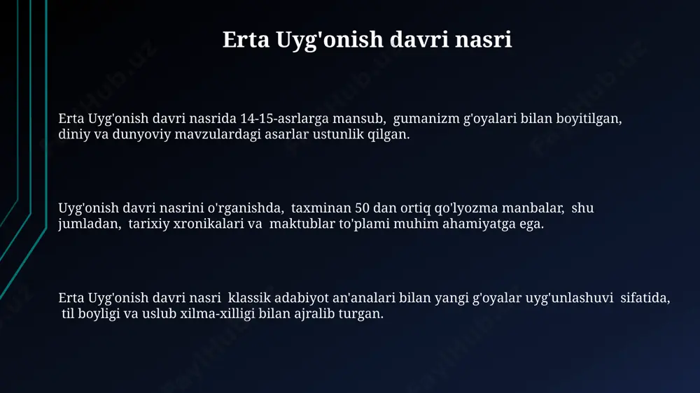 him rol oʻynadi, 300 dan ortiq sheʼrlarni oʻz ichiga olgan ushbu toʻplam keyingi avlod shoirlari uchun namuna boʻldi. giovanni boccaccio ning "dekameron"i 100 dan ortiq hikoyalarni oʻz ichiga olgan proza asari boʻlib, oʻrta asr adabiyotiga qarshi kurash va gumanizm gʻoyalarining tarqalishini aks ettiradi. erta uyg'onish davri adabiyotining merosi erta uyg'onish davri adabiyoti, 14-16-asrlar oralig'ida gumanizm g'oyalarining tarqalishi bilan birga, klassik adabiyotga qaytish va insonparvarlik tamoyillarini targ'ib qilish bilan ajralib turdi. uyg'onish davri she'riyatida, petrarka va dante singari ustalarning asarlari ta'siri ostida, sonet va kanzona kabi yangi she'riy janrlar paydo bo'lib, milliy adabiyot rivojiga turtki bo'ldi. erta uyg'onish davri prozasida, realizm va psixologizm elementlari kuchayib, roman va novella janrlari rivojlana boshladi, 15-asrda 50 dan ortiq asarlar yozildi. drama va teatr san'atining rivojlanishi erta uyg'onish davrida italiyalik dramaturglar, masalan, nikollo makiavelli kabi mualliflar tomonidan 15-asr oxiri va 16-asr boshlarida klassik dramalarni yangi interprestasiya qilingan asarlar yozilgan. erta uyg'onish davri teatrlari, asosan, ochiq …