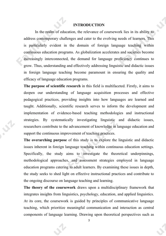in language education and support the continuous improvement of teaching practices. the overarching purpose of this study is to explore the linguistic and didactic issues inherent in foreign language teaching within continuous education settings. specifically, the study aims to investigate the theoretical underpinnings, methodological approaches, and assessment strategies employed in language education programs catering to adult learners. by examining these issues in depth, the study seeks to shed light on effective instructional practices and contribute to the ongoing discourse on language teaching and learning. the theory of the coursework draws upon a multidisciplinary framework that integrates insights from linguistics, psychology, education, and applied linguistics. at its core, the coursework is guided by principles of communicative language teaching, which prioritize meaningful communication and interaction as central components of language learning. drawing upon theoretical perspectives such as constructivism and sociocultural theory, the coursework seeks to explore how learners construct knowledge and develop …