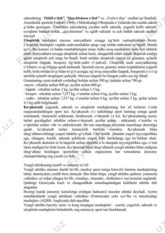 nisbatan ikki uch marta tez va shiddatli kechadi. bu o‘z navbatida odam organizmining rivojlanishi, chiniqishi, salomatligining yaxshilanishiga va organizmining har xil ta’sirlarga chidamliligini oshirishga ijobiy ta’sir etadi. yugurish mashqlari bilan shug‘ullangan odam irodasi mustahkamlanadi, fikrlash doirasi kengayadi. yugurish har tomonlama jismoniy barkamollikning asosiy vositasidir. barcha sportchilar yugurish mashqlariga katta e’tibor beradilar. shuningdek, faol dam olish, sog‘lomlashtirish va ishlab chiqarishda ish qobiliyatini saqlashda yugurish mashg‘ulotlarining ulushi kattadir. yengil atletikada tekis joyda, to‘siqlarosha, estafetali va tabiiy joy sharoitida (kross) yugurish turlari farq qilinadi. yengil atletikaning asosiy turlaridan biri hisoblangan tekis joyda yugurishga qisqa masofalarga yugurish - sprinterlik: 60 m, 100 m, 200 m, 400 m; estafeta - 4x100 m, 4x200 m, 4x400 h masofaga yugurishlar kiradi, (1- jadvalga qarang). shu bilan birga 60 m, 100 m, 110 m, 200 m va 400 m ga to‘siqlarosha yugurishlar ham sprinterlik bo‘limiga kiradi. sprinterlik yugurish past shaylanish („start") usuli bilan boshlanadi. o‘rta masofaga yugurishga 600 …