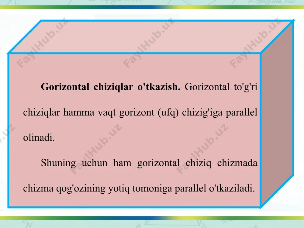 mning eng optimal (ma'qul) ko'rinishi tanlab olinadi va u iz-langan buyumning konstruksiyasi hisoblanadi. konstruksiyani yaratgan odam konstruktor deyiladi. har bir konstruktor o'z faoliyatini turli ko'rinishdagi o'zaro parallel va perpendikular chiziqlarni hamda figuralami qo'lda, ko'zda chamalab chizish-ni mashq qilish bilan boshlaydi. so'ngra standart tomonidan belgilangan texnik rasmlardan foydalanib ijod qiladi. texnik rasm (34-§ ga qarang)larda buyum va uning elementlaridagi qirra kabilar o'zaro parallel va perpendiku­lar tasvirlanadi. shunda buyumning eskizlarini (32-§ ga qarang) chizishda tushunmovchilik yuz bermaydi. o'quvchilar, sizlar ham turli holatdagi o'zaro parallel to'g'ri chiziqlar, kvadrat, aylanalami (6.7-chizma) chizmachilik albomingizga qo'lda, ko'zda chamalab chizishni tez-tez mashq qilib tursangiz, qo'lingizning kinestetik (rasm chizishga moyilligi) harakat qilishini rivojlantirib borishingiz mumkin bo'ladi.