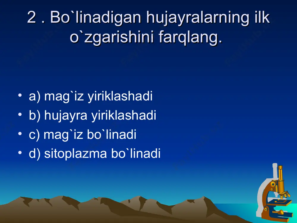 xromoplastlar c) yashil, sariq, qizil xloroplastlar,sariq va pushti hamda rangsiz leykoplastlar d) yashil xromoplastlar, sariq va pushti xloroplastlar, hamda rangsiz leykoplastlar 24.qaysi kattalashtirib ko’rsatadigan asbob uchun preparat tayyorlanmaydi? a) qo’l lupaga b) shtativli lupaga c) yorug’lik mikroskopga d) electron mikroskopga 25. mevalar ta’mi hujayraning qaysi qismi bilan bog`liq? a) hujayra shirasi b) sitoplazma c) yadro d) mitoxondriya 26. o`simlikka rang beruvchi hujayra organoidlarini belgilang a) xromoplastlar, mitoxondriyalar b) xloroplastlar, ribosoma c) xromoplastlar, xloroplastlar d) lekoplastlar hujayra qobig`i 27. sklerenxima bu …… a) asosiy to`qima hujayralari b) qoplovchi to`qima hujayralari c) mexanik to`qimani o`lik hujayralari d) mexanik to`qimani tirik hujayralari 28. hujayra sitoplazmasida hujayra shirasi bilan to’lgan bo’shliq… a) vakuola b) hazm vakuola c) qisqaruvchi vakuola d) plastida 29. havo ildizlari epidermisining ostidagi etli qavat qaysi to`qimadan tashkil topgan? a) g`amlovchi b) qoplovchi c) hosil qiluvchi d) asosiy 30. poya va ildizning po`stloq va yog`ochlik tolalari qaysi to`qimaga kiradi? a) hosil …
