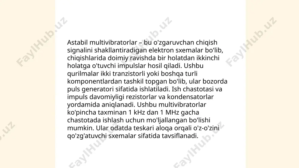 ratorning ishonchliligi va barqarorligini ta'minlashda muhim omil hisoblanadi. odatda, vaqt konstantasi millisekund (ms) yoki mikrosekund (µs) diapazonida aniqlanadi, bu qurilmalarning tezligini va javob berish vaqtini aniqlashga yordam beradi. ... t.me/slaydai_bot ko‘p vibratör dizaynlari odatda uch turga bo‘linadi: astable, monostable va bistable. astable multivibratorlar davriy impuls hosil qiladi va stabil holatga ega emas. ular ko‘pincha taymerlar yoki osilatorlar sifatida ishlatiladi. monostable multivibratorlar bitta stabil holatga ega bo‘lib, tashqi impuls bilan o‘zgartiriladi; bu esa signal o‘tkazish jarayonlarini boshqarish uchun qo‘llaniladi. bistable multivibratorlar, ikkita stabil holatga ega bo‘lib, avvalgi hamda keyingi holatlarga o‘tish uchun impuls kerak bo‘ladi; latc va flip-flop sifatida ishlatiladi. ushbu dizaynlar asosiy komponentlar sifatida tranzistorlar, reaktorlar va kondensatorlarni talab qiladi. har bir tur o‘ziga xos elektron va vaqt o‘zgaruvchan vazifalarni bajaradi. ... t.me/slaydai_bot 13. multivibratorlarni loyihalashning amaliy usullari multivibratorlarni loyihalashning amaliy usullari elektr va elektronika sohasida muhim ahamiyatga ega. multivibratorlar uch xil asosiy turda bo'ladi: bir barqaror (monostabil), ikki barqaror …