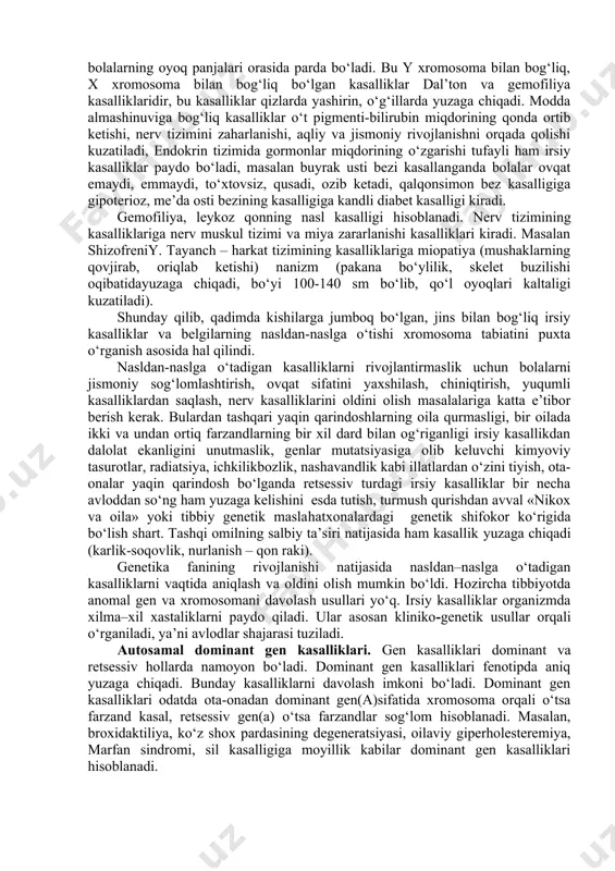 joylashib, birinchi gomologik xromosoma tuxum hujayrada, ikkinchisi esa spermatozoidda joylashgan bo‘ladi va ular qo‘shilishi natijasida zigota hosil bo‘ladi. o‘simlikning doni shakli, rangi, gulining rangi kabi xususiyatlarini belgilovchi genlar turli xromosomalarda joylashgan bo‘lib bir belgining yuzaga chiqishini ta'minlaydigan xromosomalar gomologik xromosomalardir. u o‘simlikdagi qarama-qarshi belgilarni ajratib olib avlodlarda qanday o‘simliklar hosil bo‘lishini o‘rgandi.chatishtirayotgan o‘simligi ota-ona (p), ulardan hosil bo‘lgan avlod esa f1 avlod (birinchi bo‘g‘in) va keyingi chatishtirishdan hosil bo‘lgan avlod esa f2 avlod (ikkinchi bo‘g‘in) bo‘lib hisoblanadi. mendelning birinchi qonuni: bu qonun dominantlik qonuni deb atalib, f1 da faqat dominant belgining namoyon bo‘lishi demakdir. mendelning ikkinchi qonuni: bu qonun belgilarning ajralish qonuni bo‘lib, unda ham dominant ham retsessiv belgilar paydo bo‘ladi. mendelning uchinchi qonuni: belgilarning mustaqil irsiylanish qonuni g.mendel no‘xot o‘simligida olib borgan tajribalari natijasida o‘simlik uchun dominant va retsessiv belgilarni aniqlaydi. masalan, gulining qizil rangi oq rangi ustidan dominantlik qiladi, donining sariq rangi yashil rangi ustidan, silliq doni burishgan …