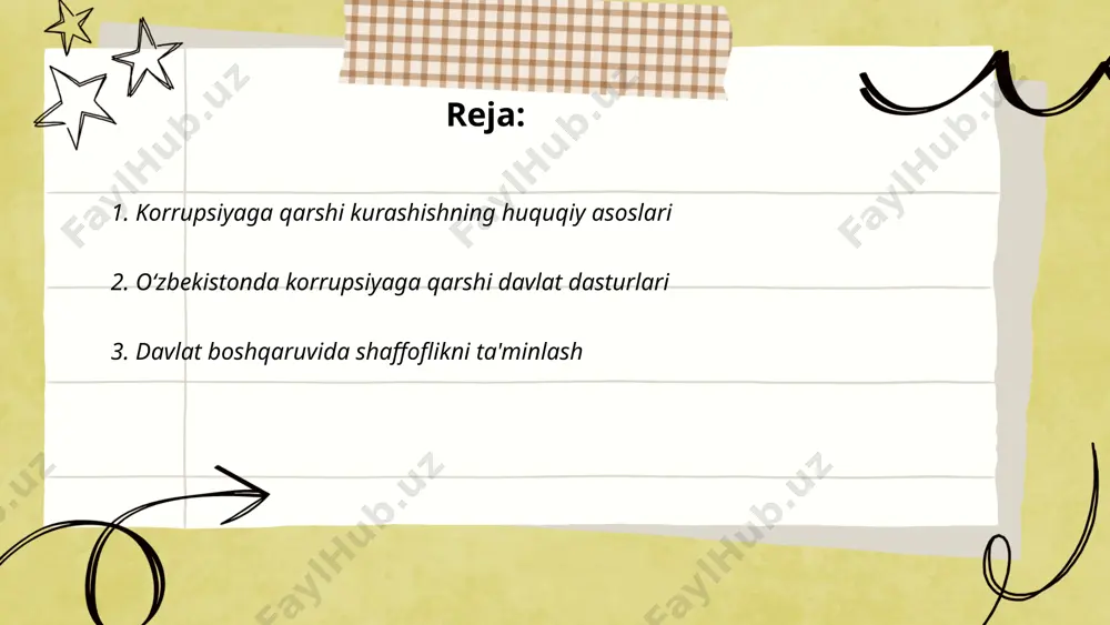 lobal indeksida 2022-yilda 180 ta mamlakat orasida 126-o‘rinda turardi. ... t.me/slaydai_bot davlat boshqaruvida shaffoflikka erishish uchun bir qator tizimli chora-tadbirlar amalga oshirilmoqda. dunyo miqyosidagi indekslarga ko‘ra, o‘zbekistonning korrupsiyaga qarshi kurashdagi o‘rnini aniqlashda shaffoflik darajasi muhim ahamiyatga ega. transparency international tashkiloti 2021-yilda o‘zbekistonni 180 mamlakat ichida 140-o‘ringa qo‘ydi, bu esa o‘tgan yillarga nisbatan ijobiy o‘zgarishni ko‘rsatadi. mazkur o‘zgarishlarda davlat organlari jamoatchilikka ochiq hisobot berishi va davlat xaridlarini ochiq tenderlar orqali amalga oshirishi muhim rol o‘ynaydi. shuningdek, ochiq ma’lumotlar portali (data.gov.uz)da jamoat uchun qator dolzarb ma’lumotlar ochiq muhokama uchun taqdim etilgan. bu usullar aholining ishonchini oshirishga qaratilgan. ... t.me/slaydai_bot 4. kadrlar siyosatida ochiqlik va halollik kadrlar siyosatida ochiqlik va halollik ta'minlash muhim ahamiyatga ega, chunki bu davlat va xususiy tashkilotlarda samaradorlikni oshirishga yordam beradi. ochiq siyosat kadrlarni tanlash jarayonida adolatli mezonlarga asoslanib, faqatgina malaka va tajribaga qarab ishga olishni ta'minlaydi. halollik orqali korruptsiya va nepotizm xavfi kamayadi, chunki har bir jarayon shaffof …