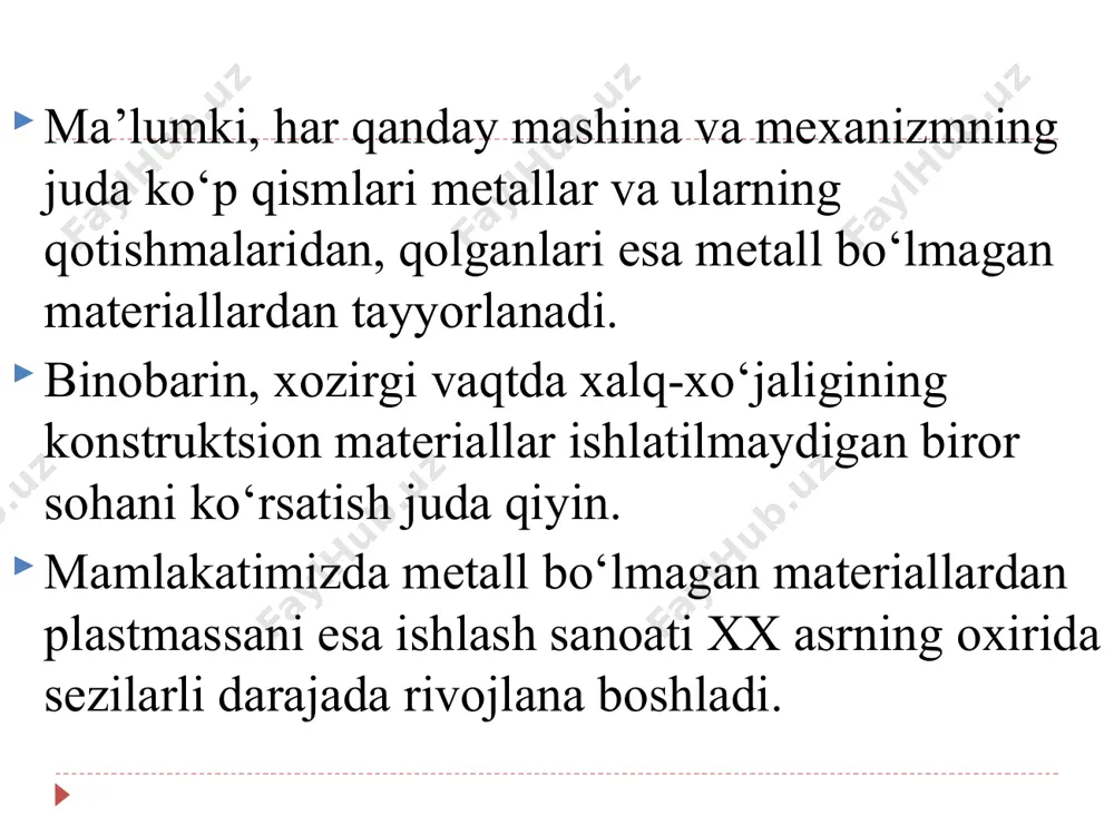 rchaklari uchida, bittasi kub markazida joylashadi (2.4-rasm). bunday kristall panjara alfa-temir, xrom, vanadiy, volfram, molibden, litiy, tantal, qalay va boshqa metallar uchun xosdir. а = 4r/√3. davomi 2-rasm.kristall panjarada uchraydigan nuqsonlar: a) vakansiya; b) dislokatsiya. metallarning allotropik shakl o’zgarishlari yoqlari markazlashgan kub (yо.m.k.). bunday panjarada 14 ta atom bo‘lib, ularning 8 tasi kub katakchasining burchaklari uchida, 6 tasi yon tomonlarning markazida yotadi davomi . davomi bunday kristall panjara gamma-temir, alyuminiy, mis, nikel, kobalt, qo‘rg‘oshin, kumush, oltinda uchraydi. pifagor teoremasiga ko`ra a ning qiymati: a2 + a2 = (4r)2, a=2r√2 bundan elementar yacheykaning umumiy hajmini topamiz: vc = a3 = (2r√2)3 = 16r3√2 yо.m.k. kristallik panjarada atomlarni joylashish zichligi (apf) elementar yacheykadagi atomlar hajmi (vs) ning elementar yacheykaning umumiy hajmiga (vc) nisbatiga teng. apf = vs / vc davomi kristall panjarada joylashgan atomlarni shar shaklida deb oladigan bo`lsak, bitta atomning hajmi 4/3πr3 ga teng. yomk kristall panjara elementar yacheykadagi atomlar hajmi …
