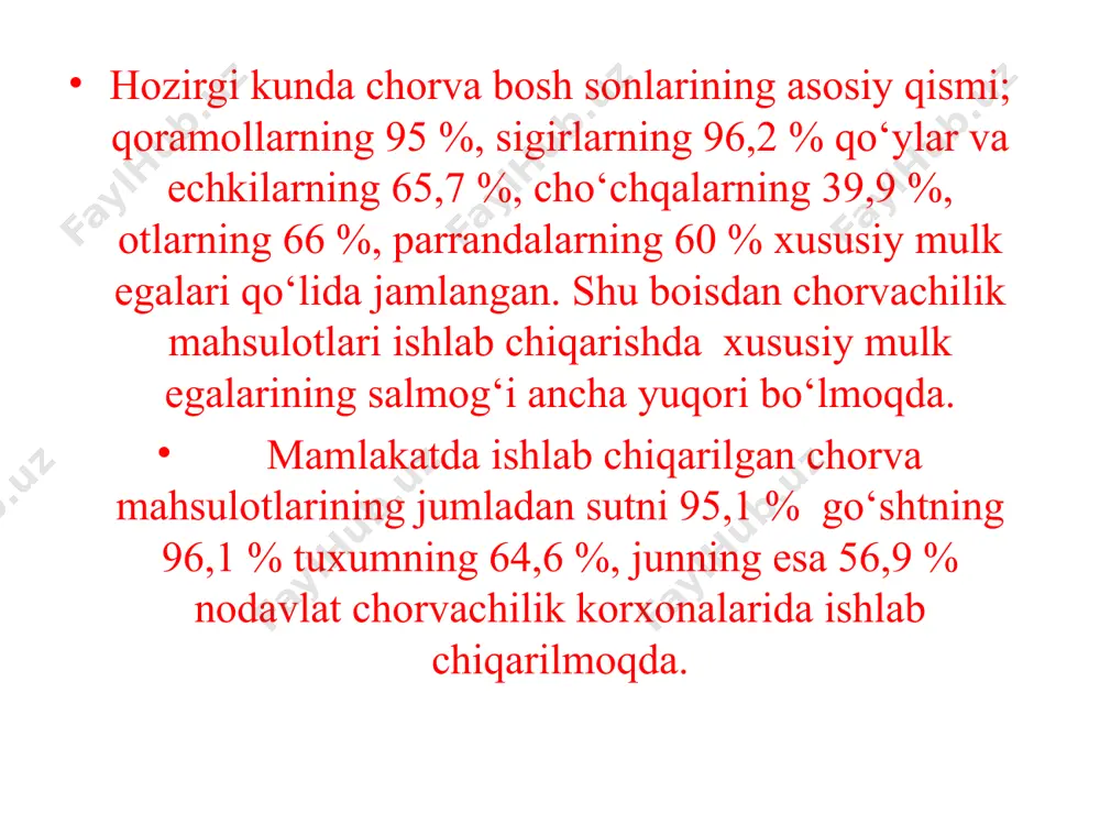 rtacha tirik vazni 850-950 kg; bir laktatsiyadagi sut mahsuldorligi o‘rtacha 3500-4000 kg; sutining o‘rtacha yog‘liligi 3,6 %; novvoslarni go‘shtga o‘stirilganda kunlik semirishi 800-1000 g; 18 oyligida 420-480 kg ga yetadi, so‘yim chiqimi 53-55, oydan so‘qimlangan mollarda 60 % bo‘ladi. qora – ola zoti hozirgi paytda golshtin zoti bilan yaxshilanadi. golshtin zotli sigir qizil cho‘l zoti – xviii – xix asrlarda ukraina janubida mahalliy kulrang qoramollarni ostfrislyand va qizil zotlar bilan chatishtirish natijasida yaratilgan. mahsuldorlik ko‘rsatkichlari: buzoqlarning tug‘ilgandagi vazni 35 kg; 6 oyligida 160-190 kg; sigirlarning o‘rtacha tirik vazni 450-520 kg; buqalarning o‘rtacha tirik vazni 800-900 kg; 1 laktatsiyadagi sut mahsuldorligi o‘r 3000-3500 kg; sutining o‘rtacha yog‘liligi 3,7 %; go‘sht uchun o‘stirilganda kunlik semirishi 850-900 gr; so‘yim chiqimi o‘rtacha 54-55 %, yaxshi so‘qimlanganda voyaga yetganlarida 60 % bo‘ladi; hozirgi kunda bu zot qoramollari sof holda urchitilmoqda va ular angler va qizil daniya zotli buqalar bilan takomillashtirilmoqda. bushuev zoti. ushbu zotga mansub …