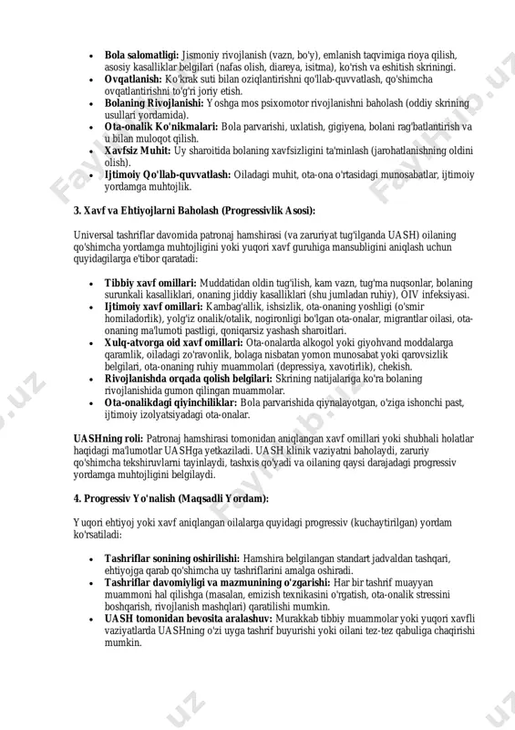 atiladi, homiladorlik davridagi patronaj rejalashtiriladi (odatda akusherka va patronaj hamshirasi tomonidan, uash nazorati ostida). • yangi tug'ilgan chaqaloqlar va yosh bolali oilalar: tug'ruqxonadan ma'lumot kelib tushgach yoki oila o'zi murojaat qilgach, barcha chaqaloqlar ro'yxatga olinadi. belgilangan standart muddatlarda (masalan, tug'ilgandan keyin dastlabki kunlar, 1 oy, 3 oy, 6 oy, 1 yosh va h.k.) barcha oilalarga patronaj hamshirasi tomonidan uyga tashriflar amalga oshiriladi. 2. universal tashriflar mazmuni: bu tashriflar davomida patronaj hamshirasi standartlashtirilgan protokollar asosida quyidagilarni baholaydi va maslahatlar beradi: • ona salomatligi: tug'ruqdan keyingi tiklanish, ruhiy holat (tug'ruqdan keyingi depressiya skriningi), laktatsiya, kontratsepsiya. • bola salomatligi: jismoniy rivojlanish (vazn, bo'y), emlanish taqvimiga rioya qilish, asosiy kasalliklar belgilari (nafas olish, diareya, isitma), ko'rish va eshitish skriningi. • ovqatlanish: ko'krak suti bilan oziqlantirishni qo'llab-quvvatlash, qo'shimcha ovqatlantirishni to'g'ri joriy etish. • bolaning rivojlanishi: yoshga mos psixomotor rivojlanishni baholash (oddiy skrining usullari yordamida). • ota-onalik ko'nikmalari: bola parvarishi, uxlatish, gigiyena, bolani rag'batlantirish va u …