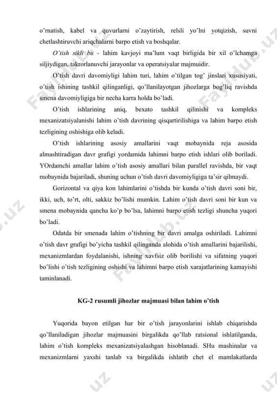 ratsional ishlatilganda, lahim o’tish kompleks mexanizatsiyalashgan hisoblanadi. shu mashinalar va mexanizmlarni yaxshi tanlab va birgalikda ishlatib chet el mamlakatlarda lahimlarni o’tish komplekslari yaratilgan. shu jumladan rossiya fedyeratsiyasida kg-s, kg1 t, kg-2, kg-3 rusumli lahimni barpo etish jihozlar majmuasi mavjud. kg-s jihozlar majmuasi ikki temir yo’lli, arkalar bilan mustahkamlangan tog’ jinslar mustahkamlik koeffitsiyenti prof. m.m.protodyakonov shkalasi bo’yicha f=12 gacha bo’lgan gorizontal lahimlarni o’tishga mo’ljallangan. kg-s-jihozlar majmuasi quyidagilardan tashkil topgan: -2pnb-2 rusumli osma burg’ilash jihozlari o’rnatilgan ikkita ortuvchi mashina; ppl-1 rusumli osma, tasmali qayta yuklagich, lahim o’tish davrida portlatilgan tog’ jinslari umumiy hajmini vagonetkalarga ortishga mo’ljallangan; vagonetkalar va qayta ortuvchi bilan manevr o’tkazishga mo’ljallangan mt-1 rusumli manevr telejkasi. (rasm) rasm. kg-s rusumli jihozlar majmuasi lahimni o’tishda burilish joylari valahim shipi tekis o’rnatilgan mustahkamlagichdan iborat bo’lsa, unda burilish radiusi yoki lahim o’lchamlar etarli bo’lmasa, osma qayta ortuvchi va manevr qiluvchi telejka qo’llanilmaydi.kavlash joyida tog’ jinslari 2pnb-2 ortuvchi mashina bilan bevosita vagonetkalarga yuklanadi. majmua …