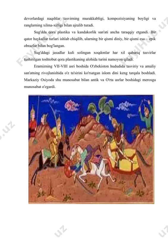 q miniatyura rangtasvirining ajoyib badiiy maktablari tarkib topdi. xviii asrda murakkab tarixiy sharoitlar badiiy hunarmandchilikning rivojlanishi jarayonini susaytirdi, lekin madaniy turmushning keskin inqirozi xix asr boshlariga kelib navbatdagi yuksalish bilan o'rin almashdi, ko'pgina markazlar ipak, zarbop ip va jundan tayyorlangan o'simliksimon naqshlar solingan rangi gul bosilgan matolar ishlab chiqarilardi. xx asrning ikkinchi yarmida qaror topgan tarixiy shart-sharoitlar amaliy bezak san'atini asosiy ijod turiga aylantirdi. o'zbekiston rassomlarining umumiy texnologik jarayonlarini kuzatar ekanmiz, quyidagi asosiy xususiyatlar ko'zga tashlanadi: 1. asarlar matoga, xolstga moy bo'yoqda ishlangan. 2. ayrim kichik hajmdagi asarlar tempera va akvarel guash bo'yoqlaridan foydalanib ham muvoffaqiyatlarga erishilgan. 3. asarlarning rang qoplami va yaltiroqligi o'rtacha holda, biroq ayrim ustalarning o'zigagina xos bo'lgan hollarda noan'anaviy texnologiyalar uchraydi. 4. devoriy suratlar esa umumiy monumentallik talablariga mos ravishda bajarilgan. bu sohada ch. ahmarov alohida o'rin tutadi. mustaqillik yillari arafasida o'zbekiston tasviriy san'atida yangicha yo'nalish izlanishlari ko'zga tashlanadi. o'zbekiston tasviriy san'atining yangi odimlari ko'zga tashlandi. …