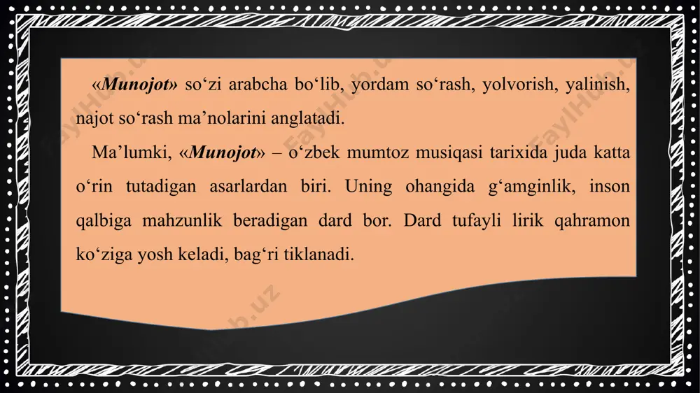 an. lekin inson hamisha bir hisga asir ekan... nechun bilmovdim avval, birinchi muhabbatim, parvo qilmovdim avval, birinchi muhabbatim. holbuki, orzulardan judo ham bo‘lganim yo‘q, yulduzday kulganim yo‘q, oy kabi to‘lganim yo‘q. erta xazon gul kabi sarg‘ayib so‘lganim yo‘q, seni eslab yig‘layman, birinchi muhabbatim, eslab bag‘rim tig‘layman, birinchi muhabbatim. yo‘lin yo‘qotsa odam – muhabbatga suyangay, g‘ussaga botsa odam – muhabbatga suyangay. chorasiz qotsa odam – muhabbatga suyangay, men kimga suyangayman, birinchi muhabbatim. faqat eslab yongayman, birinchi muhabbatim. nido bergil, qaydasan, sharpangga quloq tutdim, sirli tushlar ko‘rib men bor dunyoni unutdim. tongda turib nomingga ushbu she’rimni bitdim, dildagi ohim mening, birinchi muhabbatim, yolg‘iz ollohim mening, birinchi muhabbatim.