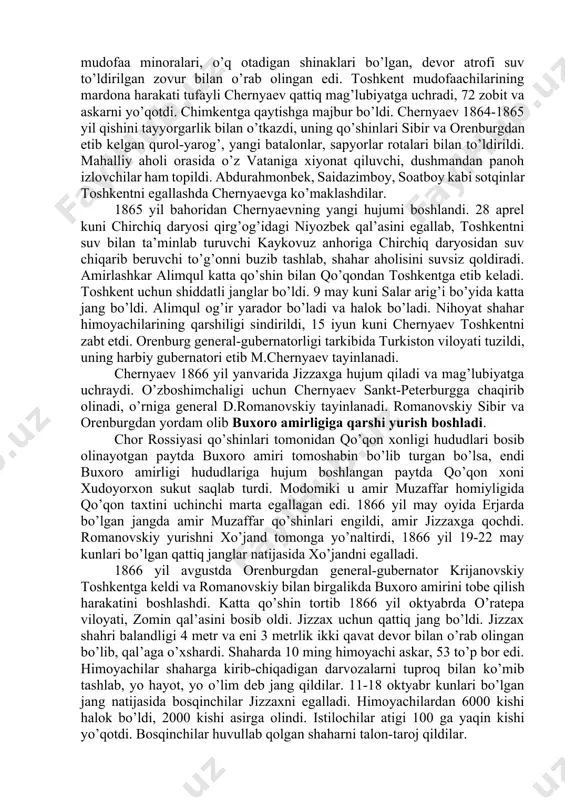 qinida ikkita harbiy istehkom, 1848 yilda qorabuloq qal’asini, 1854 yilda olmati ovuli yonida verniy istehkomini qurib, harbiy kuchlarni joylashtiradi. 1860 yilda qo’qon xonligi hududiga qarashli harbiy istehkomlarga hujum qilib, to’qmoq, pishpak va boshqa qal’alarni birinketin bosib ola boshladi. perovskiy va gosfordlarning harbiy harakatlari amalda rossiyaning o’rta osiyoga e’lon qilinmagan bosqinchilik yurishining boshlanishi edi. turkistonni bosib olish masalasi podshoh aleksand ii tomonidan 1859 va 1861 yillarda o’tkazilgan saroy kengashida muhokama qilinadi va birinchi navbatda qo’qon xonligini bir yoqlik qilish, unga qarshi harbiy harakatlarni boshlashga qaror qilinadi. o’rta osiyo xususidagi raqobatda rossiya ustunlik qildi. angliya rossiyaning harbiy kuch bilan o’rta osiyoni egallashga qaratilgan harakatlarini to’xtatib qololmadi. rossiya bosqini. 1864 yil may oyida qo’qon xonligi hududiga sharq tomondan polkovnik chernyaev qo’mondonligidagi rossiya qo’shinlari, g’arbdan polkovnik verevkin qo’shinlari bostirib kirdi. ular tomonidan qo’qon xonligining muhim va tayanch shaharlari- avliyoota, so’zak, turkiston shaharlari egallandi. bosqinchlar 1864 yil 14 iyulda chimkentga yurish boshladilar. bu orada qo’qon …