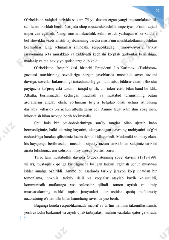 joriy etilayotgan ta`lim va kadrlar tayyorlash milliy dasturidir. ushbu dastur va ta`lim tarbiya tizimining tamoiyillari jahon andozalariga mos kelisha bilangina emas, balki ajdodlarimiz tomonidan bu sohada qo`lga kiritilgan boy tarixiy tajribalarga tayanganligi bilan ham qimmatlidir. shuning uchun mustaqillik yillarida o`rta osiyoning o`tmishdagi ta`lim tarbiya va ilmiy muassasalari hamda ta`lim tizimiga doir ma`lumotlar yoritilgan boturxon valixo`jaevning, kamolxon kattaev, shokir g`affurov, ahtam o`rolov va rahimjon yusupov va boshqalarning asarlari va maqolalari nashr etildi. lekin, xx asrning 30 yillarida sovet maktablari darsliklarga muhtoj bo`lib turgan bir paytda, jadid mualliflari yozgan va musulmon bolalarining turmushi va psixologiyasiga moslashtirilgan darsliklardan foydalanish haqida o`ylab ham ko`rilmadi. aksincha ta`lim sohasini sinfiy dushmanda tozalash maqsadida, hatto maxsus qarorlar qabul qilindi. bu yillarda respublika oliy o`quv yurtlari tarmog`i ham ortib bordi. samarqandda du, buxoro, farg`ona, namangan, andijon, marg`ilon, toshkent, nukus, xiva, urganch shaharlarida oliy maktablar tashkil etildi 1940 yilda 9 yanvarda fan qo`mitasi ittifoq fanlar akademiyasining o`zbekiston filialiga aylantirildi. …