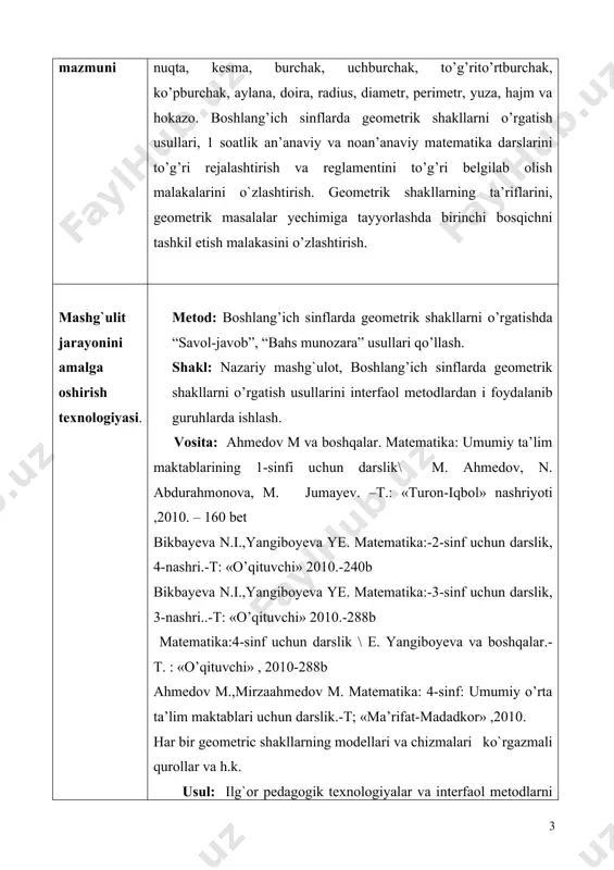 erishish. tinglovchilar: olgan bilimlarni, amalda qo’llay olishga órgatish, o’qitish metodlari ózlashtirish, tarbiyalash va rivojlantirish kabi vazifalarni bajarish. geometrik materiallarni o’rgatishda amaliy yondoshuvni ta’minlash orqali, ijodiy izlanish, mustaqil fikrlash va geometrik masalalar yechimini mustaqil bajara olishga erishish. mavzu bo`yicha bilimlarni oshiradilar, o’quvchilarni geometrik masalalar yechimiga tayyorlashda tayyorgarlik davrini tashkil etish, tezkor va mustaqil ishlash ko`nikmalarini rivojlantiradilar, o`z-o`zini nazorat qilishni o`rganadilar, qisqa vaqt ichida ko`p ma`lumotlarni olish ko`nikmasiga ega bo`ladilar. kelgusi rejalar. o`qituvchi: dars jarayonida tinglovchilar faolligini oshirishda har bir tinglovchining shahsiy fikrlarini inobatga olishga alohida e`tiborni qaratish, ularning fikr-mulohazalarini qadrlash va dars davomida ijodiy yondoshish orqali auditoriyada do`stona muhit yaratishga erishish. nazariy mashg`ulotni tashkil etishda ilg`or pedagogik va interfaol texnologiyalarni o`zlashtirish va dars jarayoniga tadbiq etish. pedagogik mahoratni oshirish. tinglovchilar: mashg`ulotda olgan bilimlarini amaliyotga tadbiq etish malakalarini mustahkamlaydilar, dars davomida olgan bilimlariga tayanib har bir geometrik materiallarni o’rgatishda har bir geometrik shaklning modelini yasash va ta’riflash ishlarni o`tkazishni rejalashtiradilar, erishiladidan natijalarni …