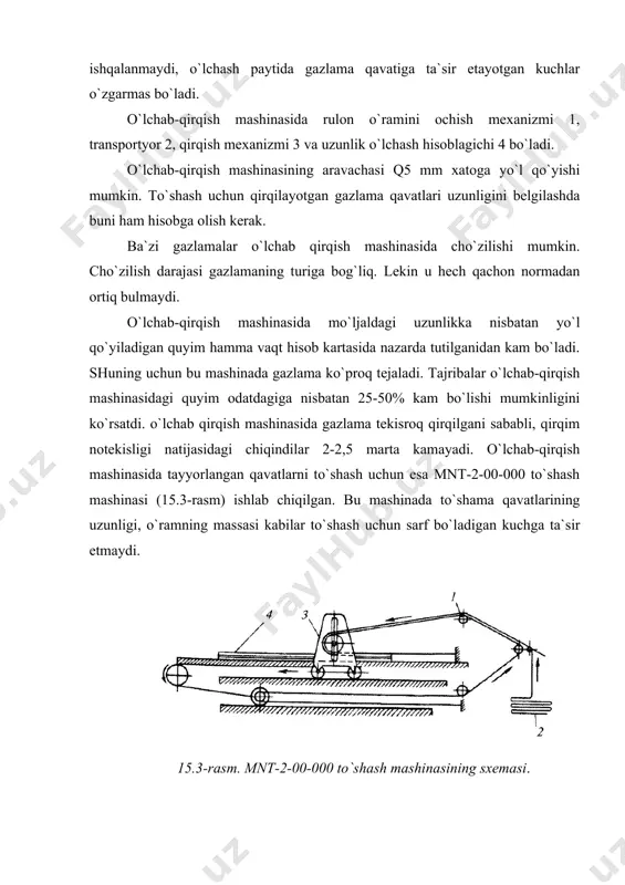 irqilgan to`shama profili 88-rasmda ko`rsatilgan. sintetik tolasi 60%dan oshmaydigan yengil va og`ir gazlamalardan bichiladigan kiyim detallarini to`shamadan mo`ljallangan maxsus dasturga binoan gazli lazer yordamida qirqib olishga mo`ljallangan mashinalar yaratildi. bu mashinada sun`iy mo`yna va zamsha materiallardan, to`shama qilmay bir qavat qilib bichish ham mumkin (15.6-rasm). 15.6-rasm. lazer nuri bilan qirilgan to`shama profili. a) nur bir marta sekinroq o`tkazilganda. b) nur bir necha marta tez-tez o`tkazilganda 15.7-rasm. gazlamalarni elektr uchquni bilan bichish gazlamalarni kontaktsiz bichish usullaridan yanada biri elektr uchqunlaridan foydalanish usulidir (15.7-rasm.). elektr uchquni bilan bichish usulida gazlama 1 ustiga grafit chiziq 2 chizilib, unga elektrod 3 ulanadi. grafit chiziqning narigi uchida yana bir elektrod 4 bo`ladi. elektrodlarga yuqori kuchlanishli tok berilsa, gazlama butun grafit chiziq bo`ylab qo`yib qirqiladi. hozirda gazlamalarni nihoyatda katta bosim kuchi bilan otilib chiqayotgan ingichka suv oqimida qirqish usuli ham sinab ko`rilmoqda. bu ham kontaktsiz bichish usuliga oid bo`lib gidromanitorda bichish deb ataladi. biroq bichish ishlarini …