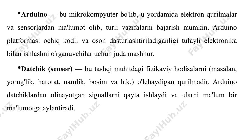sh mumkin. quyida ba'zi asosiy datchiklar uchun kod misollarini ko'rib chiqamiz: ldr (light dependent resistor) bilan yorug'lik darajasini o'lchash ulanishi: ldr ning bir uchini vcc ga, ikkinchi uchini esa rezistor orqali arduino'nun gnd piniga va analog piniga (masalan, a0) ulang. kod namunasi: ma'lumotlarni qayta ishlash va vizualizatsiya qilish serial monitor: arduino ide da "serial monitor" orqali olingan ma'lumotlarni ko'rish mumkin. grafik vositalar: ma'lumotlarni yanada samarali vizualizatsiya qilish uchun "serial plotter" yoki matlab kabi dasturlardan foydalanish mumkin. bulutli xizmatlar: olingan ma'lumotlarni thingspeak, blynk kabi onlayn platformalarga jo'natib, ma'lumotlarni tahlil qilish va kuzatish mumkin. amaliy qo'llanilish arduino yordamida datchiklardan ma'lumot olishni quyidagi loyihalarda qo'llash mumkin: aqlli uy tizimlari: masalan, yorug'lik va haroratni avtomatik ravishda boshqarish. ob-havo monitoring tizimlari: harorat va namlik datchiklari yordamida ob-havo sharoitini kuzatish. xavfsizlik tizimlari: harakat datchiklari yordamida har qanday harakatni aniqlash va signal berish. image1.png /docprops/thumbnail.jpeg
