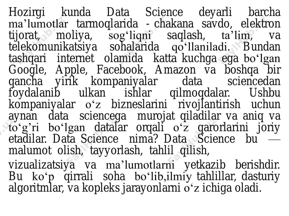 va boshqa koʻrinishda boʻlishi mumkin. sizning birlamchi vazifangiz esa bu maʼlumotlarga ishlov berishdan avval ularni bir koʻrinishga keltirish, boʻshliqlarni toʻldirish, xato maʼlumotlarni oʻchirish va hokazolardan iborat boʻladi. data science – bu ma'lumotlar haqidagi fan bo‗lib, sohalararo ilmiy usulublar, jarayonlar, algoritmlar va tizimlardan tashkil topgan tarkiblangan va tarkiblanmagan bilim va g`oyalarni o‗z ichiga oluvchi fandir. data science -ma'lumotlarni intellektual tahlil qilish, mashinani o‗rganish va katta ma'lumotlar (big data) bilan bog'liqdir. data science -bu ma'lumotlar yordamida "haqiqiy dunyo hodisalarini tushunish va tahlil qilish" maqsadida "statistika, ma'lumotlarni tahlil qilish va tegishli texnikalarni birlashtirish" konsepsiyalaridir.u matematika, statistika, informatika va informatika fan bilimlari kontekstida ko‗plab sohalardan olingan usullar va nazariyalardan foydalanadi.turing mukofoti sovrindori jim grey data science fani "to‗rtinchi paradigma" (empirik, nazariy, hisoblash va hozirda ma'lumotlarga asoslangan) fan sifatida taqdim etdiladi hamda ―barcha fanlardagi hamma narsalar axborot texnologiyalari ta'siri tufayli o‗zgarib boradi" va ma‘lumotlar oqimining ko‗payishini organadi – deb ta`kidlaydi. ma`lumotlar haqidagi fan - data …