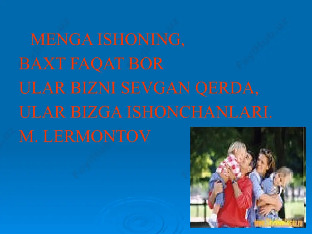 aning . bolani qo'llab-quvvatlash uchun quyidagilar zarur: uning o'ziga bo'lgan ishonchini qo'llab-quvvatlaydigan va yo'q qiladigan so'zlar : rag'batlantiruvchi so'zlar: sizni bilganim uchun, siz hamma narsani yaxshi qilganingizga aminman. siz buni juda yaxshi bajarasiz. bu borada fikringiz bormi? boshlashga tayyormisiz? bu jiddiy sinov. lekin ishonchim komil. siz bunga tayyor ekanligingiz uchun. xafa so'zlar: sizni va qobiliyatingizni bilish. menimcha, siz buni ancha yaxshi qila olasiz. bu fikrni hech qachon amalga oshirib bo'lmaydi. bu siz uchun juda qiyin, shuning uchun men buni o'zim qilaman. siz uni qo'llab-quvvatlashingiz mumkin : shaxsiy so'zlar (chiroyli, ajoyib, ajoyib). bayonotlar ("men siz bilan faxrlanaman", "rahmat", "hammasi yaxshi ketmoqda" va boshqalar). tegish (qo'lini tegizish, uni quchoqlash va hokazo). birgalikda harakatlar (o'tirish, bir-birining yonida turish va hokazo). yuz ifodasi (tabassum, bosh qimirlatish, kulish). ajralmas do'stlar - ota-onalar va bolalar! farzandingiz bilan do'st bo'lishni o'rganing. kamsitmasdan tanqid qiling, lekin qo'llab-quvvatlang. farzandingizga do'stlar bilan halol bo'lishga va do'stlikdan foyda ko'rmaslikka o'rgating. farzandingizning …
