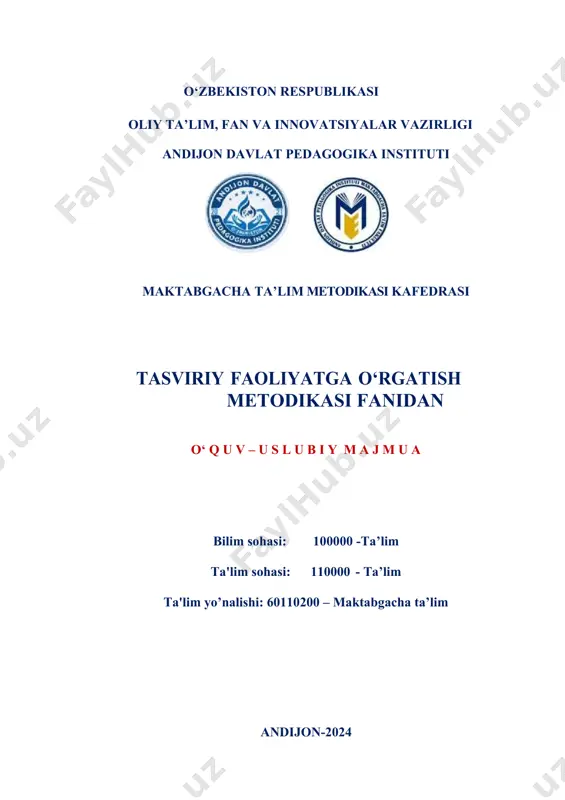 tasviriy faoliyatlarining o‘ziga hos xususiyatlari. 1/2. maktabgacha yoshdagi bolalarni har tomonlama rivojlantirishda tasviriy faoliyatning ahamiyati.tasviriy faoliyat – estetik tarbiyaning zaruriy vositasi sifatida. bolalarni har tomonlama rivojlantirishda tasviriy faoliyatning ahamiyati. tasviriy faoliyat badiiy madaniyat shakllanishining asosi. 2 2 tarbiyachining bolalarni tasviriy faoliyatga o‘rgatish jarayonidagi o‘rni. zamonaviy pedagogning imidji. tarbiyachining tasviriy faoliyat mashg‘ulotlaridagi pedagogik va kasbiy mahorati. tarbiyachining tasviriy faoliyat mashg‘ulotlarini tashkil qilishdagi kompetentligi 2 3 3/1. maktabgacha yoshdagi bolalarni har tomonlama rivojlantirishda tasviriy faoliyat turlari va uning ahamiyati. tasviriy faoliyat turlari. bolalarni har tomonlama rivojlantirishda tasviriy faoliyatning ahamiyati. 3/2. tasviriy faoliyatga o‘rgatishning maqsadi va dastur tamoyillari.tasviriy faoliyatga o‘rgatishning maqsadi. dastur tamoyillari.tevarak atrofni tasvirlash asosida bolalarning tasviriy faoliyati. 2 4 4/1.maktabgacha yoshdagi bolalarda tasviriy faoliyat jarayonidagi idrokni rivojlanishi. bolalar tasviriy faoliyatida idrok qilishning rivojlanishi. predmetlarni kuzatish metodlari. bolalarni idrok qilishiga rahbarlik. 4/2.tasviriy faoliyatga o‘rgatishning metod va usullari. o‘rgatishning ko‘rgazmali metod va usullari. o‘rgatishning og‘zaki metod va usullari. o‘yin orqali o‘rgatish usullari. 2 …