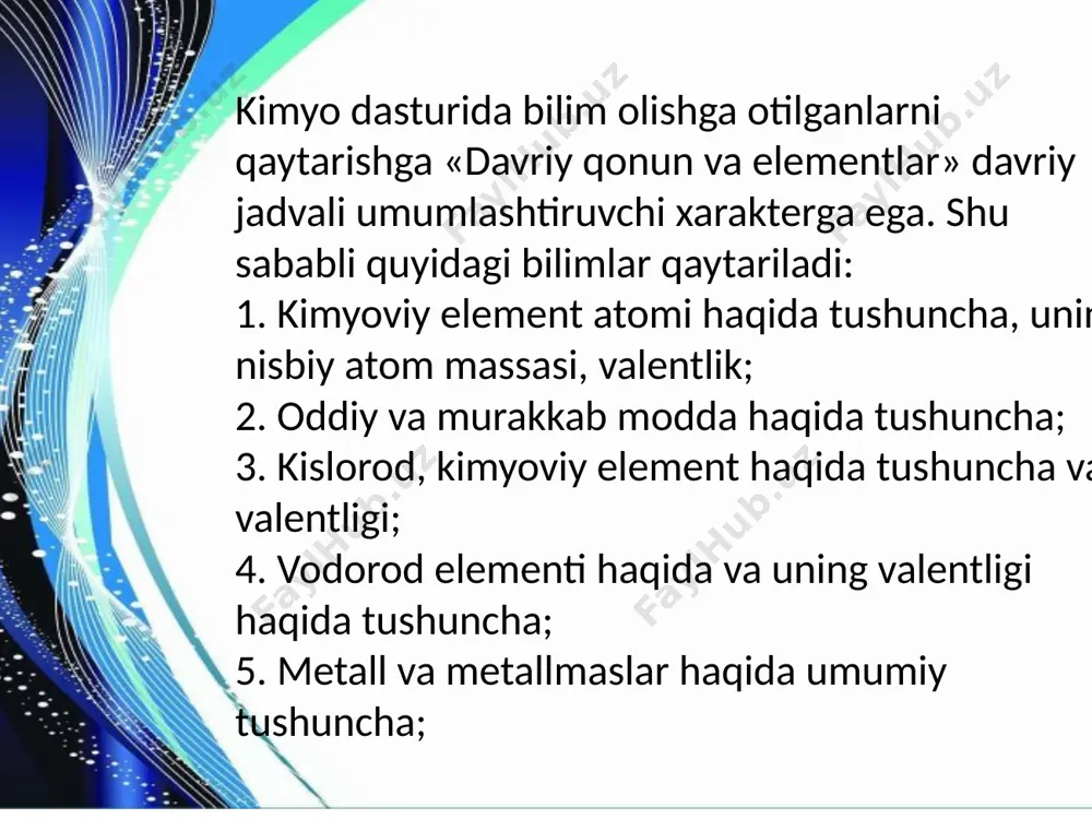 a olishni, davriy jadvalda hammasi bolib yettita davr va on qator borligini koradilar. ular davrlarda joylashgan ayrim elementlarning xarakteristikasini xotiraga olib, har bir davrda (qatordagi kabi) atom massasi, ortib borgan sari (chapdan ongga), metallik xossalar asta-sekin zaiflashib boradi, nometallik xossalar esa kuchayadi, degan xulosaga keladilar. image1.jpeg image2.png image3.jpeg