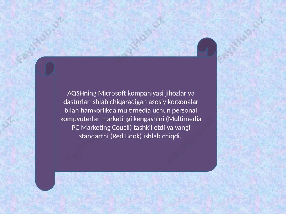 hlab chiqilgan hozirgi vaqtda zamonaviy kompyuterlar va operatsion tizimlarda multimedia ishlatiladi. masalan windows 2003, xp, vista va boshq. bu tizimlarda ishlatiladigan multimedia fayllarining formatlari ko‘paytirilib, ularni qayta ishlash imkoniyatlari oshirilgan. e’tiboringiz uchun rahmat image1.jpeg image2.jpeg image3.jpeg image4.jpeg image5.jpeg image6.jpeg image7.jpeg /docprops/thumbnail.jpeg