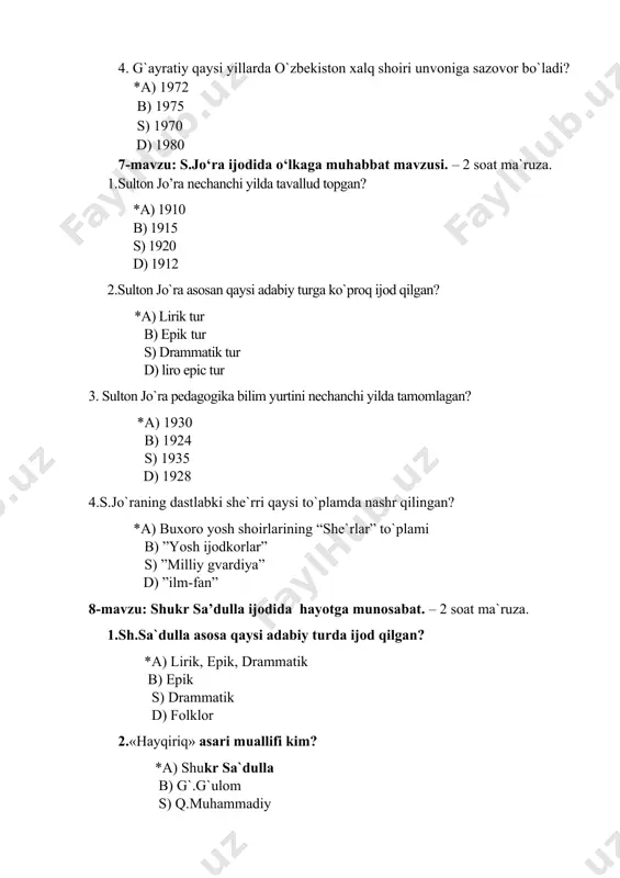 xodga maktuyuida shirin obrazi misolida ‎ ‎ ‎ s) ‎ ‎“layli va majnun”. otasi majnunni ishq dashtidan keltirib, ka‘baga olib ‎borganida majnun obrazi misolida ‎ ‎ ‎ d) ‎"sa`diy skandariy" ‎ ‎11-mavzu:‎ quddus muhammadiy ijodida tabiat mavzusi.‎ - 2 soat seminar.‎ 1.q. muhammadiyning a‘lochi o’quvchilar xaqida yaratgan she‘rlari berilgan ‎qatorni toping? ‎ *a) ‎“a‘lochi sodiq”, “sinov”, “mening orzum”, “besh”‎ ‎ b) ‎‎ ‎“solijonning darsxonasi”, “etik”, “mamajon shofyor”‎‎ ‎ ‎ s) ‎ ‎“etik”, “mirob”, “a‘lochi sodiq”, “besh”‎ ‎ d) ‎“nomsiz erkatoylar haqida”, “besh”, “yasha”, “omon!”‎ 2. temirlar jarang-jarang, o’ynashib diring-diring. deyishar: “yuring-yuring” tushdilar qiziq-tanqa sakrashar assa-assa, - q. muhammadiyning “temirlar o’yini” she‘rida temirlar qaysi badiiy tasvir vositasi yordamida tasvirlanyapti? *a) jonlashtirish в) o’xshatish с) sifatlash d) mubolag’a 3. quddus muhammadiy qanday oilada tavallud topgan? ‎ *a) dehqon oilada ‎ в) kambag`al oilada ‎ с) ziyoli oilada ‎ d) hunarmand oilada 4. ‎«sandal va pechka», «0’z-o’zini tanqid» dostoiilari muallifi kim? ‎ *a) …