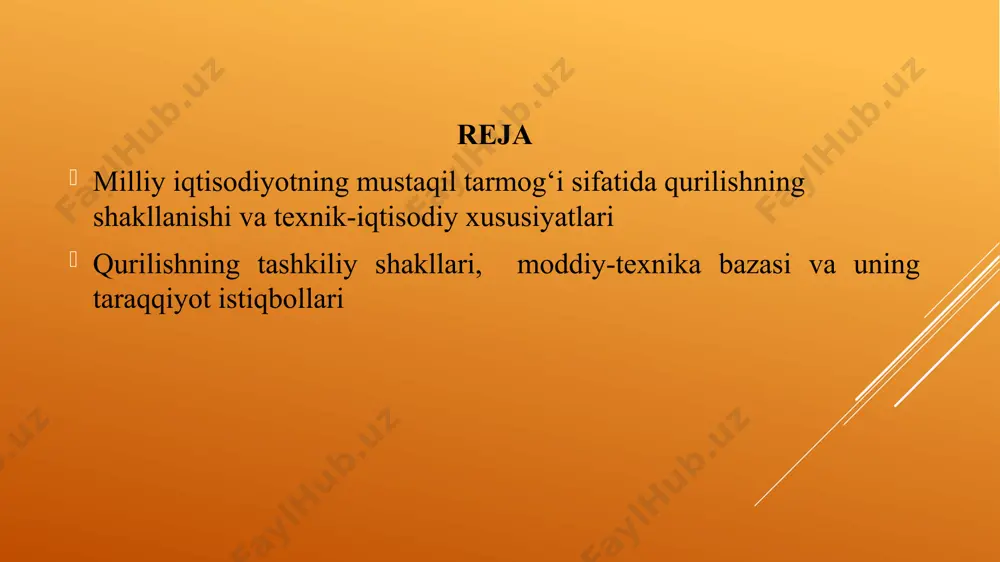 qurilish to‘r(set)larini ishlab chiqish; qurilish maydoni hududi va transport kommunikatsiyalari yo‘lakchalarini tayyorlash bo‘yicha ishlarni olib borish). qurilish ishlab chiqarishi jarayoniga kapital qo‘yilmalar doiraviy aylanishining quyidagi bosqichlari to‘g‘ri keladi: 1) ishlab chiqarish - asosiy fondlarni yaratishning mahsulot shakli sifatida; 2) amalga oshirish (realizatsiya) - qurilish mahsulotining asosiy fondlarga aylanishi shakli sifatida; 3) pul mablag‘larini kelgusi mahsulotga aylantirish maqsadida takror ishlab chiqarishning navbatdagi davri(sikli)ni tayyorlash. vaqt va makon bo‘yicha takror ishlab chiqarish jarayoni barcha elementlarining o‘zaro harakat darajasi qanchalik katta bo‘lsa, qurilish iqtisodiy samaradorligi ham shuncha yuqori bo‘ladi. qurilish jarayonining iqtisodiy mohiyati, uni amalga oshirish bilan bog‘liq sarf-xarajatlar bilan ifodalanadi. ob‘yektlar barpo etish borasida qurilish korxonalarining ishlab chiqarish-xo‘jalik faoliyati bilan bog‘iq xarjatlari bir vaqtning o‘zida sodir bo‘ladigan va joriy xarajatlarga bo‘linadi. qurilishning umumiy xususiyatlari quyidagicha: 1) qurilish ishlab chiqarishi va pirovard mahsulot xarakteriga ko‘ra noturg‘un va vaqtinchalik bo‘lib, ularning bir tipda emasligi. ob’yektlar ekspluatatsiyaga topshirilishi bilan qurilish-montaj ishlari hamda ishlab chiqarish vositalari …