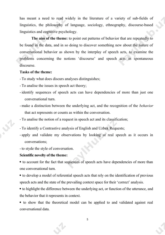 y of different basic speech acts. chapter ii is based on providing a new approach to speech act recognition, built on the foundations of existing work, and in particular extending earlier research as detailed in schiffrin. the work covers conclusion and the list of used references. the work consists of 62 pages. chapter i philosophical foundations of speech act theory 1.1. theory of discourse interpretation in linguistics, analysts often define discourse in one of two ways: as structure or as process . structural definitions focus on what constitutes a unit of discourse: "language above the sentence or above the clause" . to linguists interested in the struc​ture of language, discourse analysis is the search for units of language that demonstrate a relationship, that occur in predictable patterns, and have rules that govern the occurrence of these elements. in other branches of linguistics, discourse is defined as “any aspect of language …