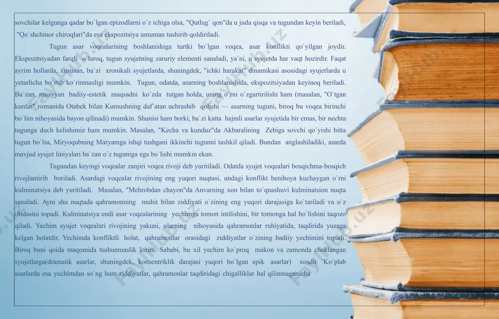 ori darajasiga ko`tariladi va o`z ifodasini topadi. kulminatsiya endi asar voqealarining yechimga tomon intilishini, bir tomonga hal bo`lishini taqozo qiladi. yechim syujet voqealari rivojining yakuni, ularning nihoyasida qahramonlar ruhiyatida, taqdirida yuzaga kelgan holatdir. yechimda konfliktli holat, qahramonlar orasidagi ziddiyatlar o`zining badiiy yechimini topadi. biroq buni qoida maqomida tushunmaslik lozim. sababi, bu xil yechim ko`proq makon va zamonda cheklangan syujetlarga(dramatik asarlar, shuningdek, konsentriklik darajasi yuqori bo`lgan epik asarlar) xosdir. ko`plab asarlarda esa yechimdan so`ng ham ziddiyatlar, qahramonlar taqdiridagi chigalliklar hal qilinmaganicha qolaveradiki, bu o`quvchini o`ylashga, mushohada qilishga undaydi. ya`ni, tom ma`nodagi yechimning mavjud emasligi asarning ta`sir kuchini, o`quvchining ijodiy faolligini oshirishga xizmat qiluvchi usulga aylanadi. masalan, p.qodirovning "erk", o.yoqubovning "matluba", "qanot juft bo`ladi", x.sultonovning "saodat sohili" kabi qissalarida xuddi shunday holga duch kelinadi. demak, yechimni asarda qo`yilgan konfliktning yechimi sifatida emas, balki undagi voqealar rivojining yakuni, natijasi sifatida tushunilgani to`g`riroq bo`ladi. yuqoridagilardan ma`lum bo`ldiki, tugun, voqea rivoji va kulminatsiya syujetni tutib …