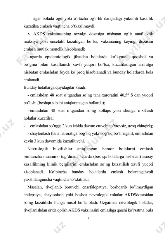 yuboriladi, keyingi emlashlar tirik oral vaksinani yuborish orkali davom ettiriladi. ilmiy manbalardagi ma’lumotlarga kura, poliomielit vaksinasi in’eksiya holida yuborilganda, asoratlar kuzatilishi qayd etilmagan.uni yuborgan joyda yengil reaksiya, birmuncha og’riq yoki qizarish kuzatilishi mumkin. emlashni ehtiyotkorlik bilan o’tkazish lozim bo’lgan holatlar va unga qarshi ko’rsatmalar bolada immun tanqislik holati bo’lsa (tug’ma yoki orttirilgan), tirik vaksina bilan poliomielitga qarshi emlash o’tkazilmaydi. agar poliemielitga karshi emlash olgan bola uyida immun tanqislik holati bo’lgan bemor bo’lsa, ularning mulokoti 4-6 haftagacheklanadi(vaksina virusini organizmdan chiqib ketish vaqti). qizamiqqa qarshi vaksina. vaksina tirik susaytirilgan qizamiq virusidan tayyorlanadi. hozirgi vaqgda uch tarkibdagi vaksinani (qizamiq,qizilcha va epid parotit) birgaliqda ko’llash keng tarqalgan.vaksina kurak yoki yelka kism teri ostiga yuboriladi. emlashda kuzatiladigan reaksiyalar va undan so’nggi asoratlar. ko’pincha emlashdan so’ng, 2-chi haftaning oxirida tana haroratining ko’tarshgashi (37-38° s va undan yuqori) kuzatiladi. allergiyaga moyilligi bo’lgan bolalarda esa emlashdan so’ng toshmalar paydo bo’lishi mumkin. ogir asoratlar juda kam hollarda uchraydi. haroratga …