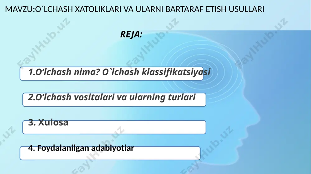 adi va foiz (%) da ifodalanadi: δ=[(а – хх)/хх]100%=(δ/хх)100% statik xatoliklar – vaqt mobaynida kattalikning o‘zgarishiga bog‘liq bo‘lmagan xatoliklar. o‘lchash vositalarining statik xatoligi shu vosita bilan o‘zgarmas kattalikni o‘lchashda hosil bo‘ladi. agar o‘lchash vositasining pasportida statik sharoitlardagi o‘lchashning chegaraviy xatoliklari ko‘rsatilgan bo‘lsa, u holda bu ma’lumotlar dinamik sharoitlardagi aniqlikni tavsiflashga nisbatan tadbiq etila olmaydi. dinamik xatoliklar – o‘lchanayotgan kattalikning vaqt mobaynida o‘zgarishiga bog‘liq bo‘lgan xatoliklar sanaladi. dinamik xatoliklarning vujudga kelishi o‘lchash vositalarining o‘lchash zanjiridagi tarkibiy elementlarning inertsiyasi tufayli deb izohlanadi. bunda o‘lchash zanjiridagi o‘zgarishlar oniy tarzda emas, balki muayyan vaqt davomida amalga oshirilishi asosiy sabab bo‘ladi. asosiy xatolik deb, normal (graduirovka) sharoitda ishlatiladigan asboblarida hosil bo‘ladigan xatolikka aytiladi. normal sharoit deganda havo (atrof – muhit) harorati 200с±50с, havo namligi 65%±15%, atmosfera bosimi (750±30) mm s.u., ta’minlash kuchlanishi nominalidan ±2% o‘zgarishi mumkin va boshqalar. agar asbob shu sharoitdan farqli bo‘lgan tashqi sharoitda ishlatilsa hosil bo‘ladigan xatolik qo‘shimcha xatolik deyiladi. nazorat o‘lchash …