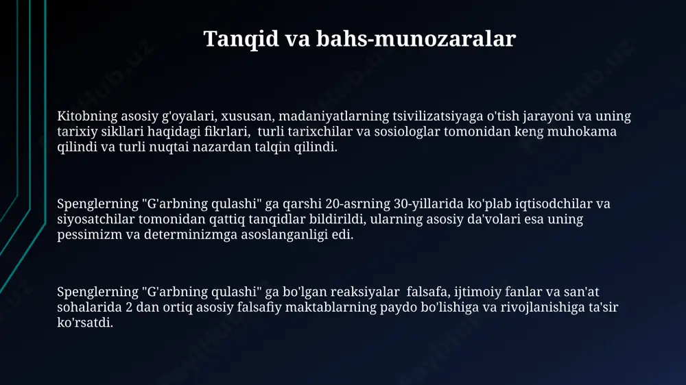qilinadi. spengler "gʻarbning tanazzulini" 2 ta asosiy tsivilizatsiya turi – "apollon" va "faustian" turlarini taqqoslash orqali o'rganadi, ularning morfologiyasi va tarixiy rivojlanishini solishtiradi. spenglerning bashoratlari va ularning dolzarbligi uning "organik" tsivilizatsiya nazariyasi, 8 ta asosiy madaniyatning hayot siklini ta'riflaydi va har birining taxminan 1000 yillik rivojlanish davrini o'z ichiga oladi, bu esa tsivilizatsiyalarni o'rganishda yangi yondashuvni taklif etadi. spenglerning 20-asr boshlarida qilgan bashoratlaridan biri, g'arb tsivilizatsiyasining 21-asrga kelib, madaniy va siyosiy jihatdan tanazzulga yuz tutish ehtimoli haqida bo'lib, hozirgi geosiyosiy vaziyatda o'z aksini topmoqda. spenglerning "faustian" madaniyati haqidagi ta'rifi va uning texnologik taraqqiyoti bilan bog'liq bashoratlari, zamonaviy texnologiyalar va atrof-muhit muammolari o'rtasidagi murakkab munosabatlarni tushunishda dolzarb bo'lib qolmoqda. e'tiboringiz uchun rahmat @taqdimot_robot