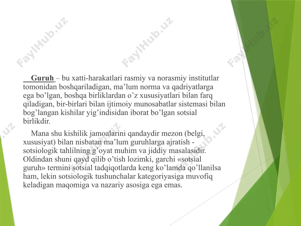 goyalar, ramzlar, shiorlar, maqsadlar, moddiy predmetlar va boshqalarni kiritish mumkin. bular guruhda kishilarni guruhga mansublik va birlashish hissini uygotish va rivojlantirish uchun zarur. bu qadriyatlar asosida guruhda «biz» so’zi bilan ifodalanadigan birlik hissi paydo bo’ladi. bu his kishilarni birlashtiradigan psixik (ruhiy) aloqa bo’lib hisoblanadi. nihoyat, guruh o’zining shaxsiy farq qiladigan xususiyatlariga ega bo’lishi kerak. bular yordamida guruh boshqa sotsial birliklardan farq qiladi. bunday xususiyatlar avvalo, bir hududda yashash, alohida ritual harakatlar, til, mafkura va boshqalar hisoblanadi. sotsial guruh turlari: katta va kichik, rasmiy va norasmiy, birlamchi va ikkilamchi, inguruh va autguruh, referent guruhlar va boshqalar. guruhlar eng avvalo miqdor jihatdan katta va kichik guruhlarga bo’linadi. sotsiologiya va sotsial psixologiya fanida katta sotsial guruhlar o’zining aniq ta’rifiga ega emas. umuman katta sotsial guruh deganda, a’zolar soni ko’p bo’lgan kishilar guruhlari tushuniladi. katta sotsial guruhlarning o’ziga xos xususiyatlari quyidagilardan iborat: a’zolar sonining ko’pligi; yagona hududning mavjud emasligi a’zolar o’rtasidagi aloqalarning asosan ommaviy …