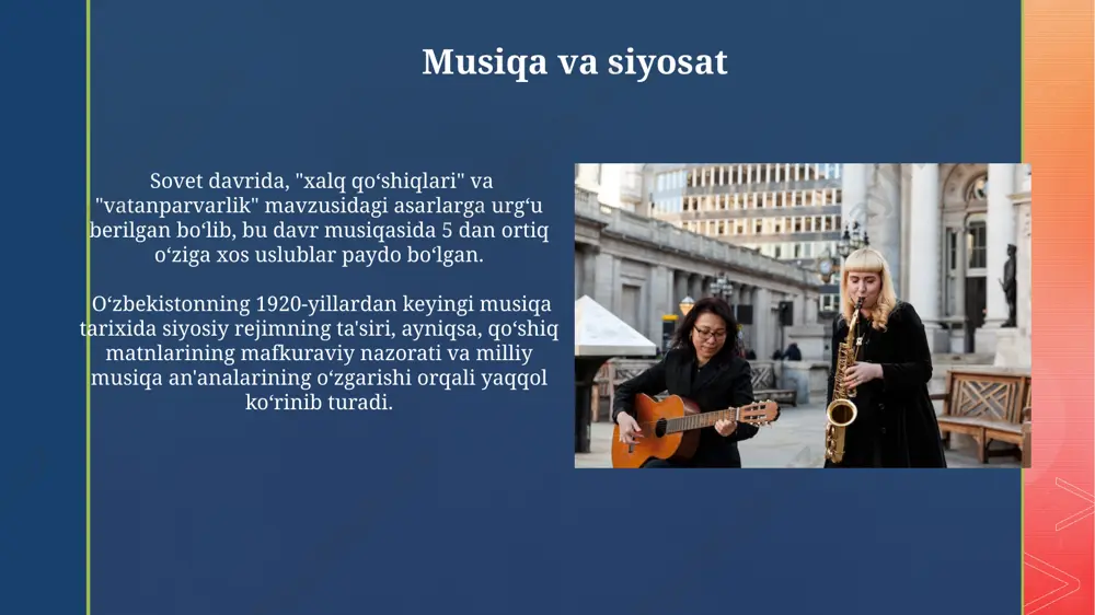 n o'rta osiyo musiqasida 10-15 asrlarda islom dinining ta'siri kuchayib, maqomlarning rivojlanishiga va yangi janrlarning paydo bo'lishiga olib keldi. turkistonning ko'plab masjidlarida 5 vaqtllik namozlarda adon aytish marosimlari – qadimiy an'ana bo'lib, musiqa va dinning yaqin aloqalarini namoyish etadi. musiqa ta'limi va uning rivojlanishi 20-asrning boshlaridan boshlab musiqa ta'limi konservatoriyalar va musiqa maktablari tizimi orqali rasmiylashdi, bu davrda g'arb musiqa nazariyasi ham o'z ta'sirini ko'rsatdi. sovet davrida musiqa ta'limi ideologiya ta'siriga uchrab, milliy musiqa an'analari bilan birga, sotsialistik realizm tamoyillariga mos keladigan asarlar ijrosi va o'rgatilishiga urg'u berilgan. musiqa va ommaviy axborot vositalari ijtimoiy tarmoqlardagi musiqa kontentining 70% dan ortig'i o'zbekistonda smartfonlar orqali iste'mol qilinadi, bu ommaviy axborot vositalarining ta'sirini kuchaytiradi. o'zbekiston radio va televideniyesi musiqa dasturlariga kuniga o'rtacha 5 soatdan ko'proq vaqt ajratadi, bu esa musiqa tendentsiyalarini shakllantirishda muhim rol o'ynaydi. an'anaviy musiqa asboblari nafas cholg'u asboblari, masalan, surnay va nay, marosim va bayram tadbirlarida 2-3 ovozli ansambl tarkibida …
