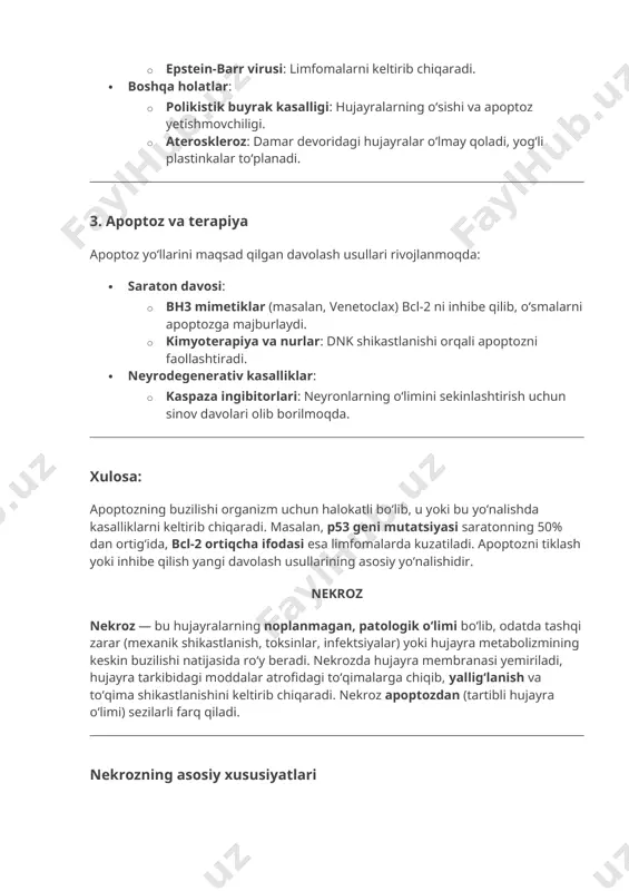 ayra membranasi yemiriladi, hujayra tarkibidagi moddalar atrofidagi toʻqimalarga chiqib, yalligʻlanish va toʻqima shikastlanishini keltirib chiqaradi. nekroz apoptozdan (tartibli hujayra oʻlimi) sezilarli farq qiladi. nekrozning asosiy xususiyatlari 1. hujayra shishishi: membrana buzilishi tufayli ionlar va suv hujayraga kirib, hujayra hajmi oshadi. 2. organellalar parchalanishi: mitoxondriya, endoplazmatik toʻr kabi organellalar buziladi. 3. yadro degradatsiyasi: · piknoz: yadro siqilishi va qorayishi. · karioerez: yadro parchalanib, dnk tasodifiy fragmentatsiyalanadi. 4. yalligʻlanish reaksiyasi: hujayra tarkibidagi moddalar chiqib ketishi neytrofillar va makrofaglarni jalb qiladi. nekrozga olib keluvchi omillar · ishkemia (qon yetishmovchiligi): masalan, miokard infarkti. · jarohatlar (fizik shikastlanish, kuyish). · kimyoviy toksinlar: ogʻir metallar (qoʻrgʻoshin), spirt, dorilarning haddan tashqari dozasi. · infeksiyalar: bakteriyalar (masalan, gangrena), viruslar, parazitlar. · immun reaksiyalar: autoimmun kasalliklar (masalan, revmatoid artrit). nekroz turlari 1. koagulyativ nekroz · sabab: ishemiya (masalan, yurak, buyrak, jigar). · xususiyat: toʻqima tuzilishi saqlanib qoladi, lekin hujayralar oʻladi. · misollar: miokard infarkti, buyrak infarkti. 2. liquefaktiv nekroz …