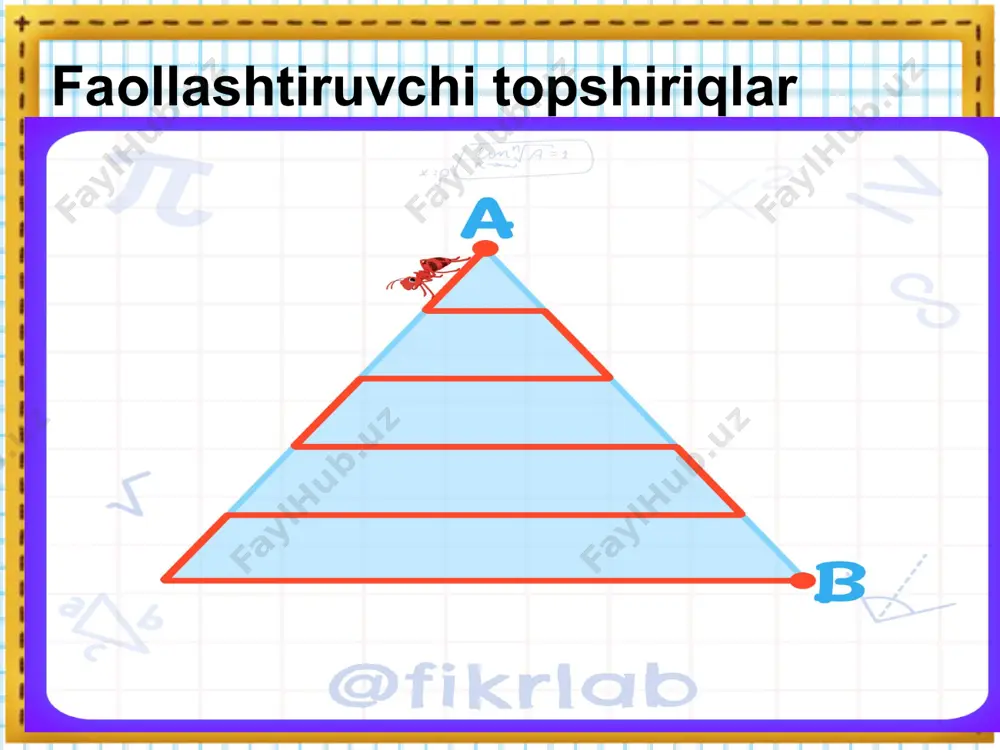 ar va izlanayotgan son orasidagi bog’lanishni aniqlashlari va buning asosida tegishli arifmetik amalni tanlashlari kerak. 1-masala. baliqchi 10 ta cho’rtanbaliq, cho’rtanbaliqlardan 8 ta ko’p tangabaliq tutdi. baliqchi qancha cho’rtanbaliq va tangabaliq tutgan? bu masalani jadvalsiz qisqa yozib olish maqsadida : cho’r - 10 dona tang -8 dona ortiq 2-masala. traktor 6 soat ish vaqtida 48 litr yonilg’i sarfladi. yonilg’i soatiga o’sha normada sarf bo’lganda 12 soatda traktorga qancha yonlig’i kerak bo’ladi? bu masalani jadvalda yozib olgan yaxshi. yoqilg’i sarf bo’lish normasi. bir xil ish vaqti 6 soat 12 soat sarf bo’lgan jami yoqilg’i 48 litr? boshlang’ich sinflarda masala yechlishini quyidagi asosiy formalari bor: 1. masala bo’yicha ifoda tuzish va uning qiymatini topish; 2. masala bo’yicha tenglama tuzish va uni yechish; 3. yechilishi ayrim amallarning ko’rinishida yozish. 1- masala ”do’konda har biri 300 so’m turadigan 8 juft tufli uchun 6 juft botinkaga qancha pul to’langan bo’lsa, shuncha pul to’landi, bir juft …