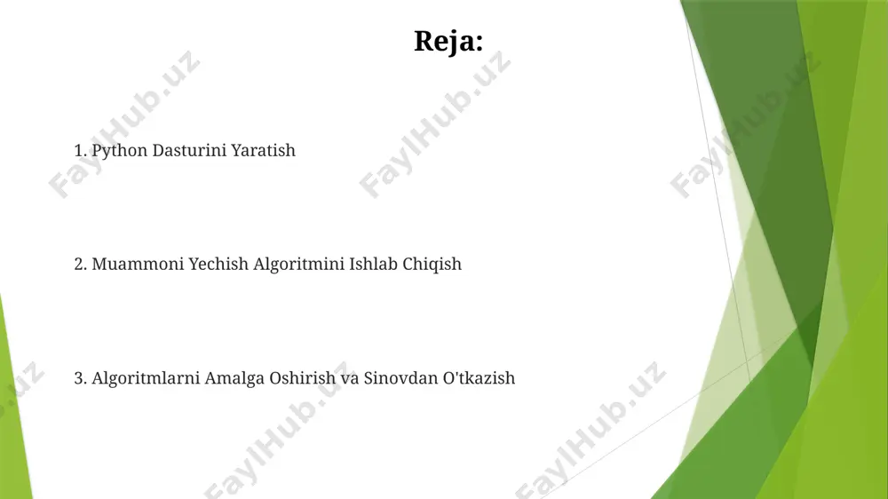mkon beradi va 2 dan ortiq shartlarni tekshirish uchun 3 yoki undan ortiq shartli blokdan foydalanish mumkin. ma'lumotlar tuzilmalari hash jadvallari o'rtacha o(1) vaqt murakkabligiga ega bo'lib, kalitlarga tezkor kirishni ta'minlaydi, lekin eng yomon holatda o(n) ga yetishi mumkin. ular katta ma'lumotlar to'plamlarini qayta ishlashda juda samarali. ma'lumotlar tuzilmalari samaradorligini baholashda vaqt murakkabligi (o-notation) kabi metriklardan foydalaniladi, masalan, o(n) yoki o(n^2) kabi ifodalar algoritmning ishlash tezligini tavsiflaydi. dasturni sinovdan o'tkazish va xatoliklarni tuzatish dasturni sinovdan o'tkazishda kamida 3 xil test turi (birlik, integratsiya, tizim) qo‘llanishi va har bir turdagi testlarning natijalari hujjatlashtirilishi muhimdir. xatoliklarni aniqlash uchun debuggerlar va logging tizimlaridan foydalanish orqali, dasturdagi 1000 satrdan ortiq kodda 5 tadan ortiq xatolikni aniqlash mumkin. python dasturlash tili asoslari python da takrorlanuvchi jarayonlarni amalga oshirish uchun `for` va `while` sikllari, shuningdek, ro'yxatlar (lists) va lug'atlar (dictionaries) kabi ma'lumot tuzilmalari qo'llaniladi. python 3 ning asosiy ma'lumot turlari 4 ta: butun son (integer), o'nlik …