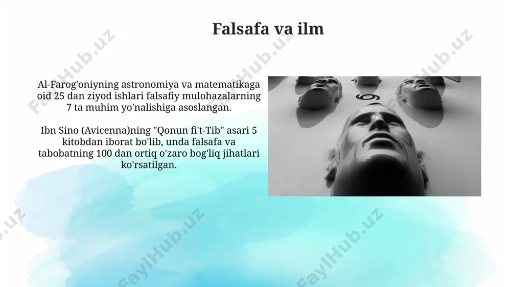 sb etadi. marksizm marksizmning asosiy g'oyalari, xususan sinfiy kurash va tarixiy materializm konsepsiyalari, 20-asr davomida dunyoning ko'plab mamlakatlarida, jumladan sssr va xitoyda, siyosiy va ijtimoiy o'zgarishlarga kuchli ta'sir ko'rsatdi. marksizmga ko'ra, ishchi sinfi proletariyatning burjuaziyaga qarshi inqilobi orqali 2 bosqichli jamiyat qurilishi (sotsializm va kommunizm) orqali sinfsiz jamiyat yaratilishi mumkin degan g'oya ilgari surilgan. o'rta asr falsafasi o'rta asr falsafasi 12-13-asrlar davomida markaziy osiyoda, xususan, buxoro va samarqand kabi shaharlarda gullab-yashnagan bo'lib, islom falsafasining muhim markazlaridan biri hisoblangan. ibn sino (avicenna) ning 11-asrda persopolis yaqinida yozilgan "qonun fi-t-tibb" asari tibbiyot, falsafa va tabiiy fanlarni o'z ichiga olgan ensiklopedik asar bo'lib, 500 yildan ortiq davomida tibbiyot darsliklari sifatida ishlatilgan. e'tiboringiz uchun rahmat @taqdimot_robot image2.jpg image3.jpg image4.jpg image5.jpg image6.jpg image7.jpg image8.jpg image9.jpg image10.jpg image11.jpg image12.jpg image13.jpg image14.jpg image15.jpg image16.jpg image17.jpg image18.jpg image1.png