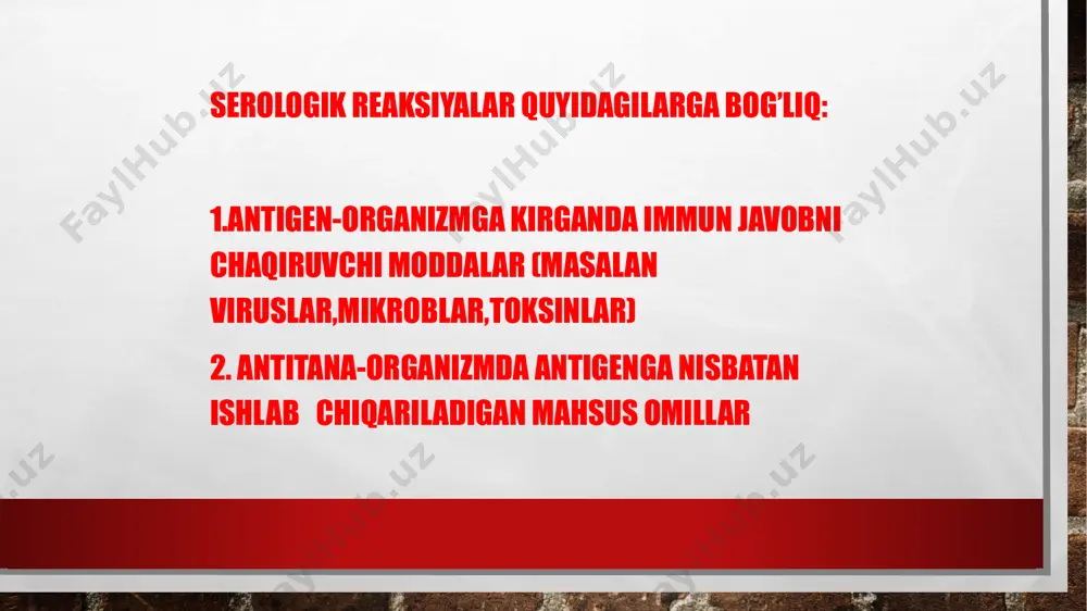 lementni bog’lash reaksiyasi (kbr) bu reaksiya ikki bosqichda ótadi 1-bosqichda probirkaga antigen,zardob va komplement solinadi,ma’lum vaqt ótgandan sóng 2-bosqichda unga gemolitik omil qòshiladi. bunda antigen-antitelo birikmasi hosil bólmasa,komplement bòsh qoladi va bu komplement gemolitik zardobga birikib,eritrositlarni gemolizga uchatadi (manfiy reaksiya)agar gemoliz kuzatilmasa reaksiya musbat hisoblanadi,ya’ni hosil bólgan antigen-ntitelo birikmasiga komplement qóshiladi va bu birikma chókmaga tushadi. ahamiyati:bakteriya va viruslar qòzg’atgan kasalliklarga erta tashxis qóyish immunofluoressensiya reaksiyasi bemorlarning patologik ashyolaridagi mikrob antigenlarini topish uchun nishonlangan antitelolar tutuvchi immum zardoblar qóllaniladi.bu zardobdagi antitelolarni flyuroxrom bóyog’i bn aniqlaniladi bunday antutelolar buyum oynasiga fiksatsiya qilingan tekshirilayotgan ashyodan tayyorlangan surtmaga tomiziladi.sóngra surtma yaxshilab yuviladi,natijada faqat antigen bn birikkan antitelolar qoladi,bu “kunsning bevosita usuli” deyiladi.lyuminessent ultrabinafsha nurlari bilan mikroskop ostida yoritib kórilganda,birikmada tiniq sariq nur tarqatadigan antigenlar kórinadi immunoflyuoristensiya reaksiyasi e’tiboringiz uchun raxmat image3.jpg image4.jpeg image5.jpeg image6.jpeg image7.jpeg image8.jpeg image9.jpeg image10.jpeg /docprops/thumbnail.jpeg